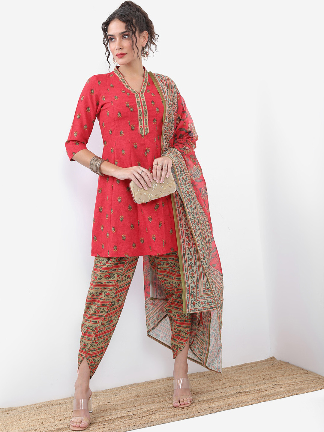 Vishudh Red Floral Printed Regular A-Line Short Kurta With Dhoti Pants & Dupatta