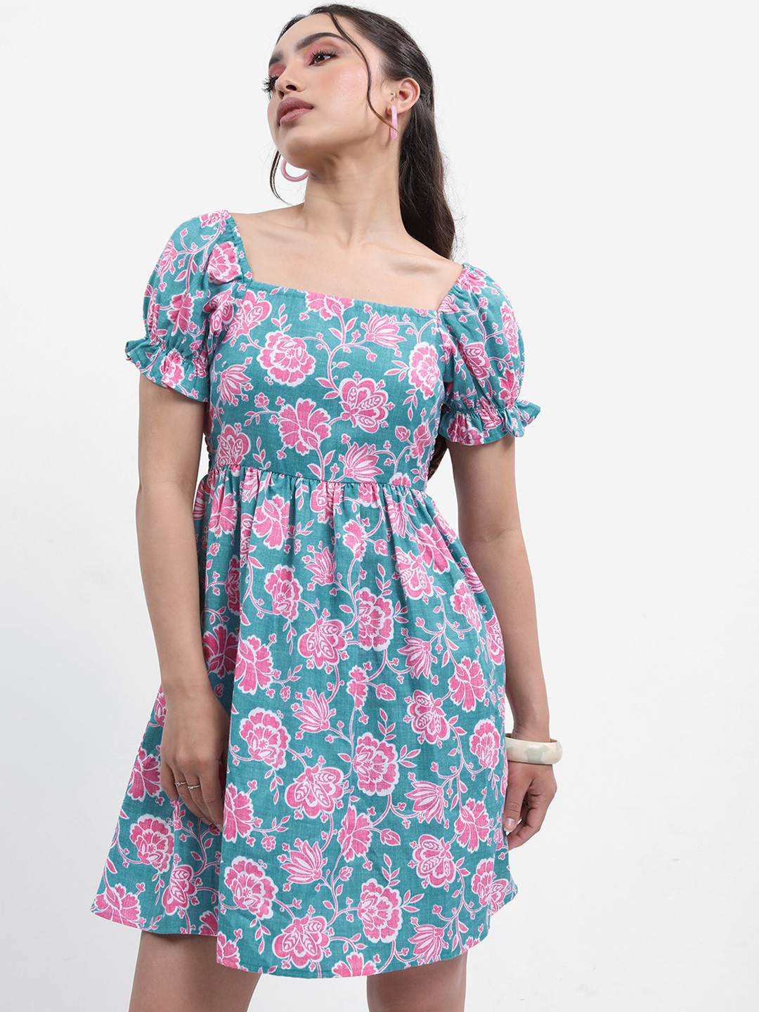 Vishudh Turquoise Blue & Pink Colour Floral Printed Gathered Detailed Fit & Flare Dress