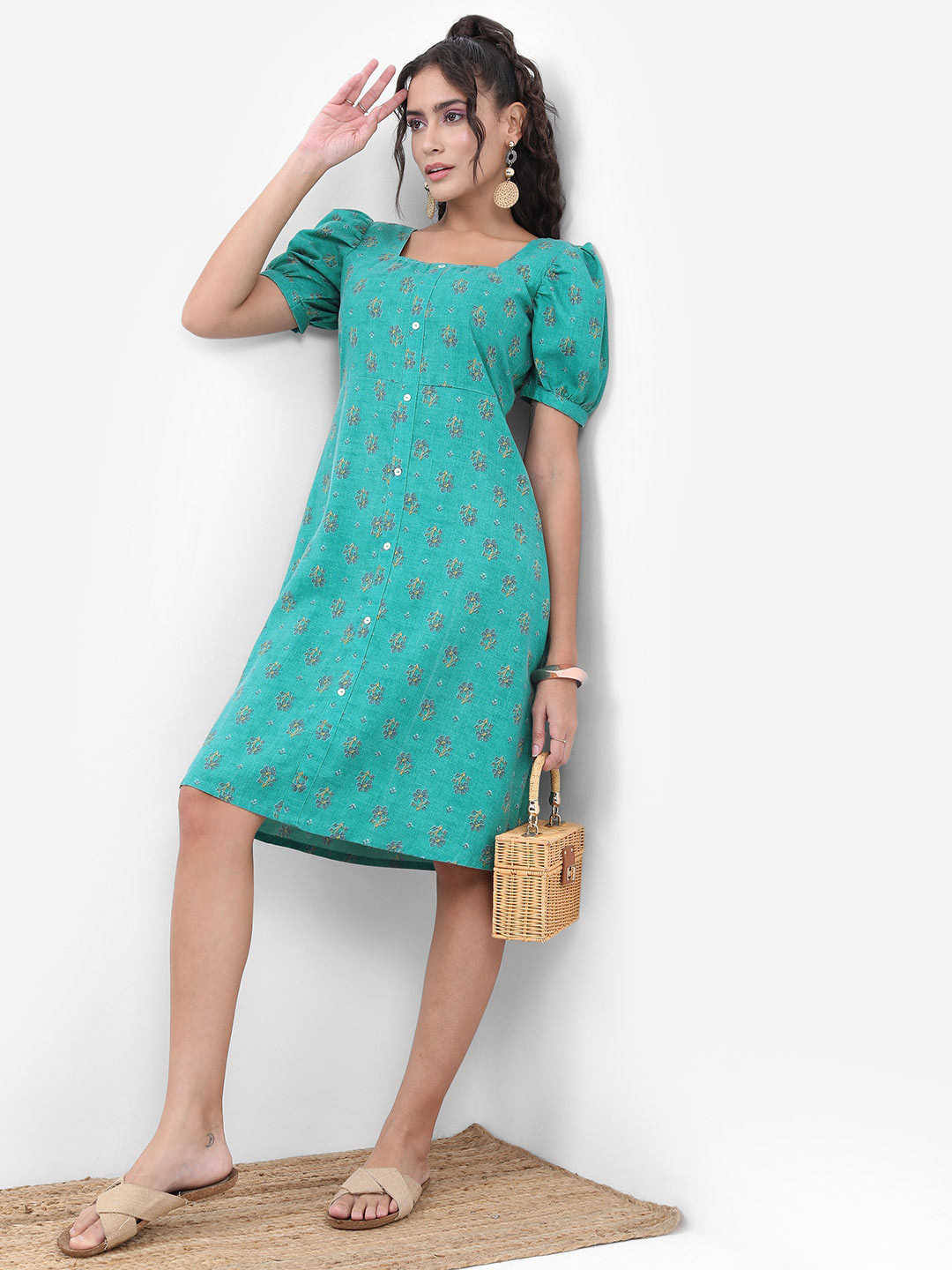 Vishudh Turquoise blue Floral Printed Puff Sleeves A-Line Dress