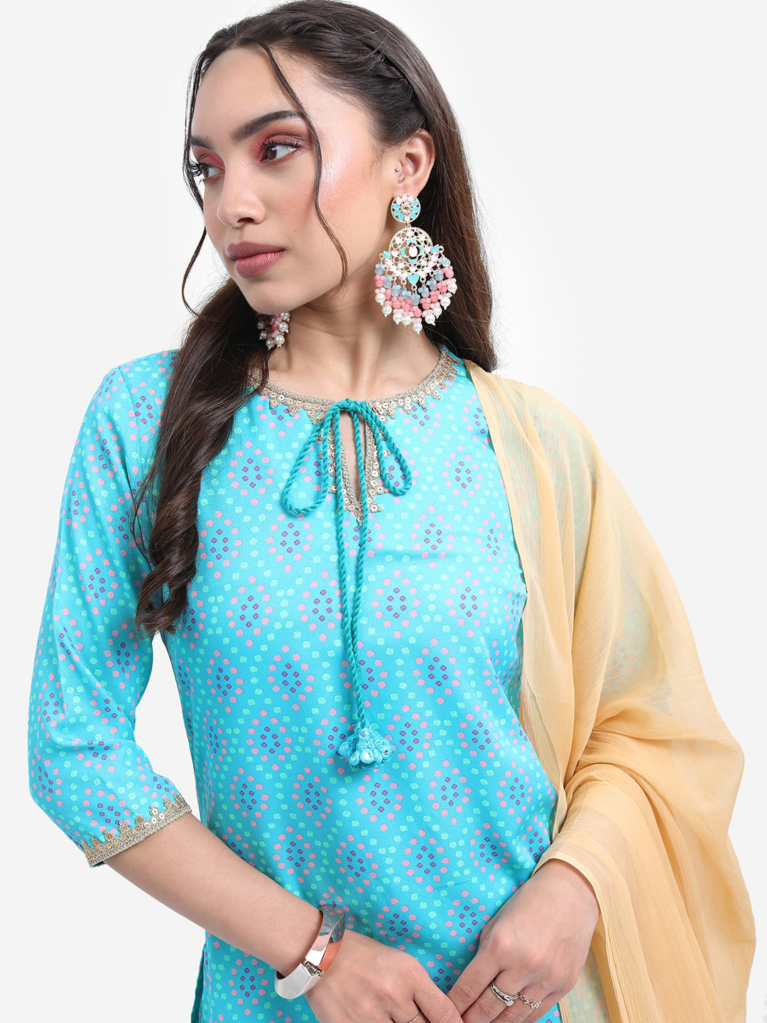 Vishudh Turquoise Blue Bandhani Printed Tie Up Neck Kurta With Trousers & Dupatta