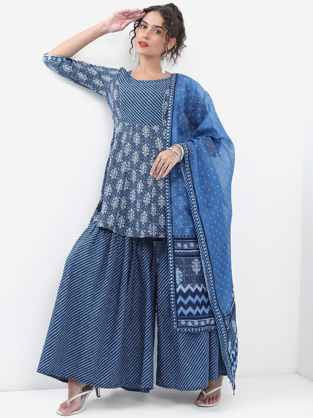 Vishudh Blue Floral Printed A-Line Short Kurta With Sharara & Dupatta