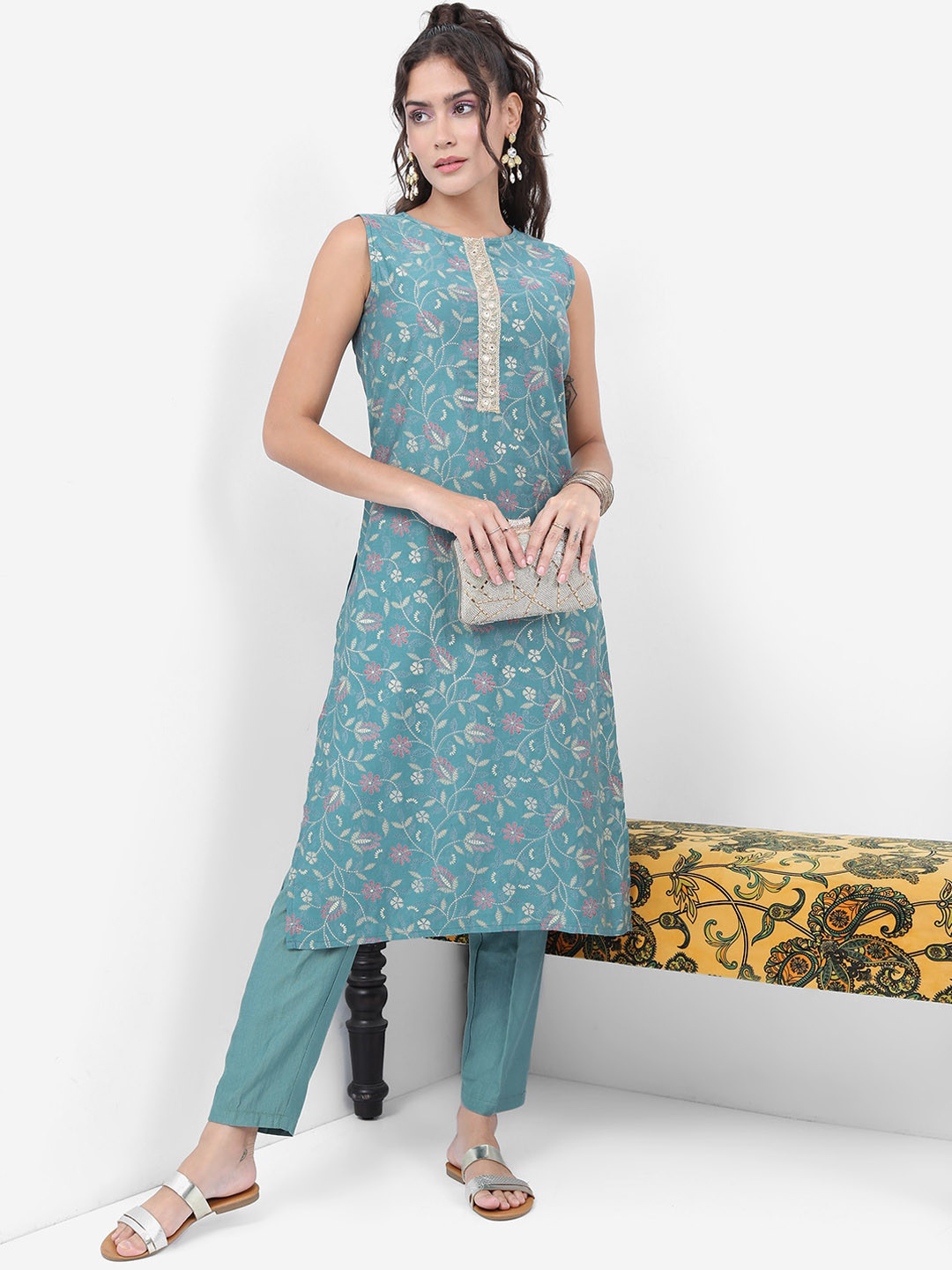 Vishudh Blue Woven Design Sleeveless Straight Kurta with Trousers