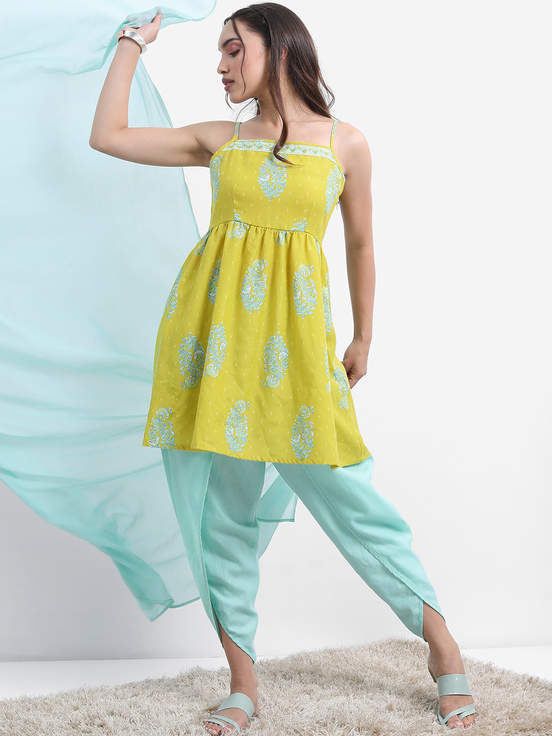 Vishudh Lime Green Floral Printed Empire A-line Kurta With Dhoti Pants & Dupatta
