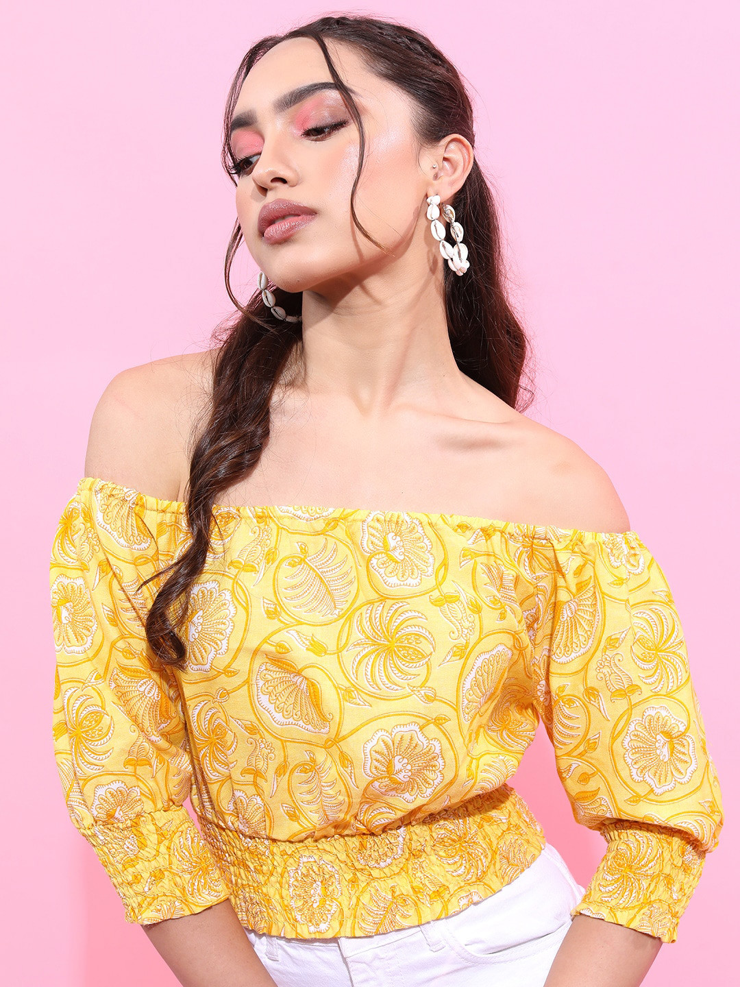 Vishudh Yellow Floral Printed Off-Shoulder Bardot Top