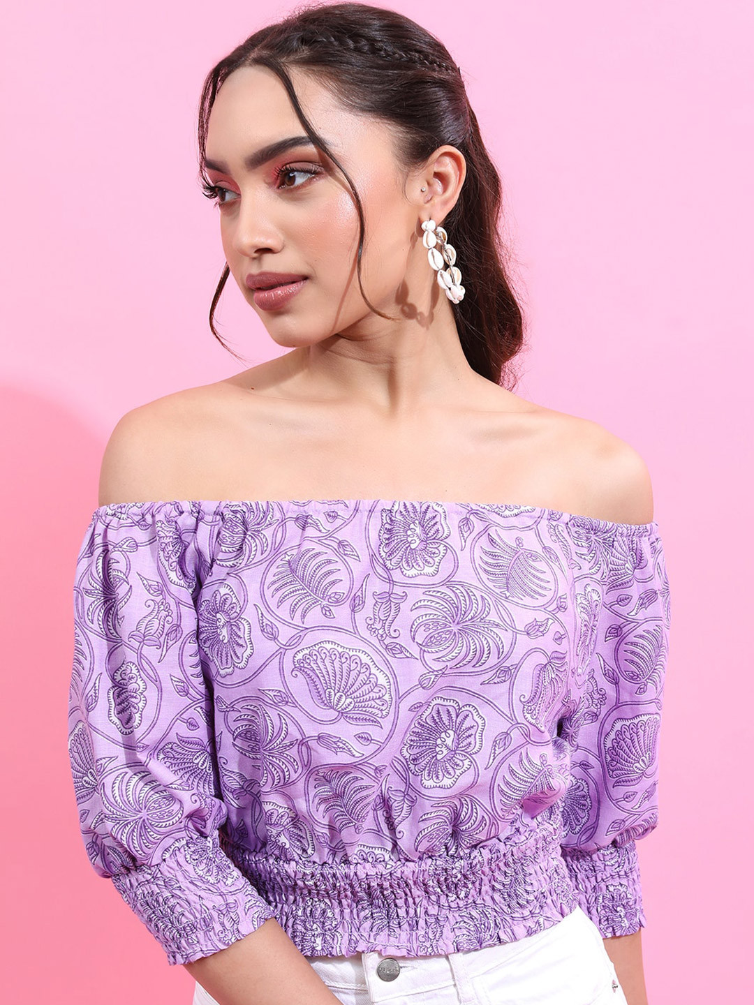 Vishudh Lavender Ethnic Printed Off-Shoulder Smocked Bardot Crop Top