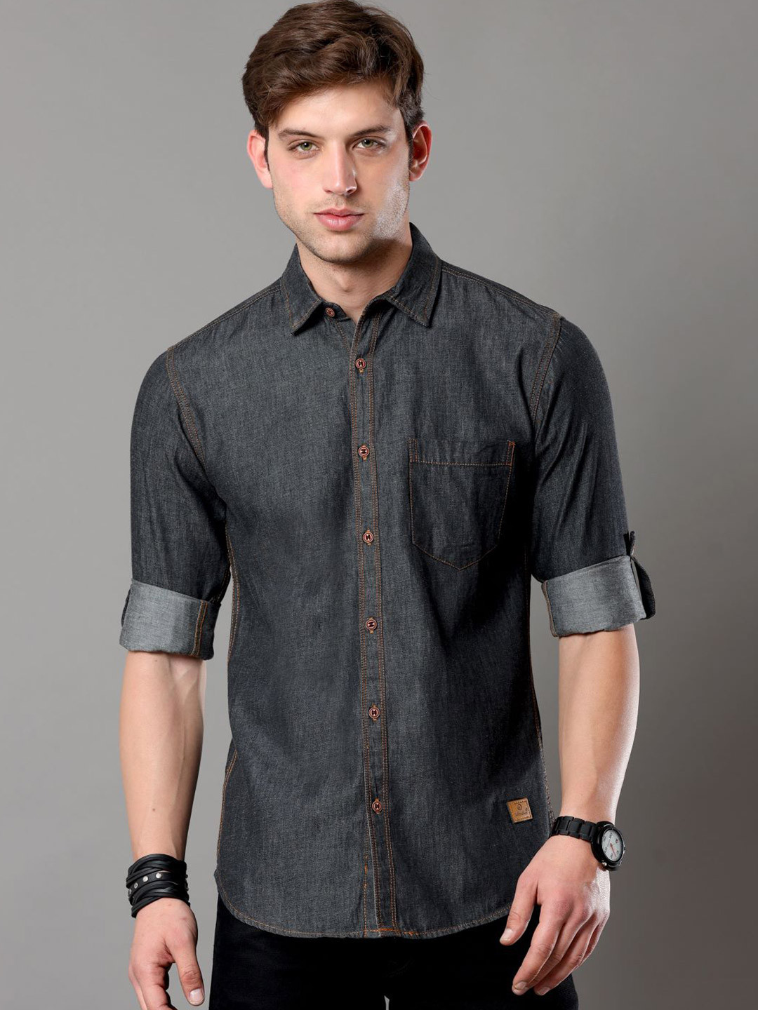Tallwalker Straight Slim Fit Roll-Up Sleeves Denim Casual Shirt