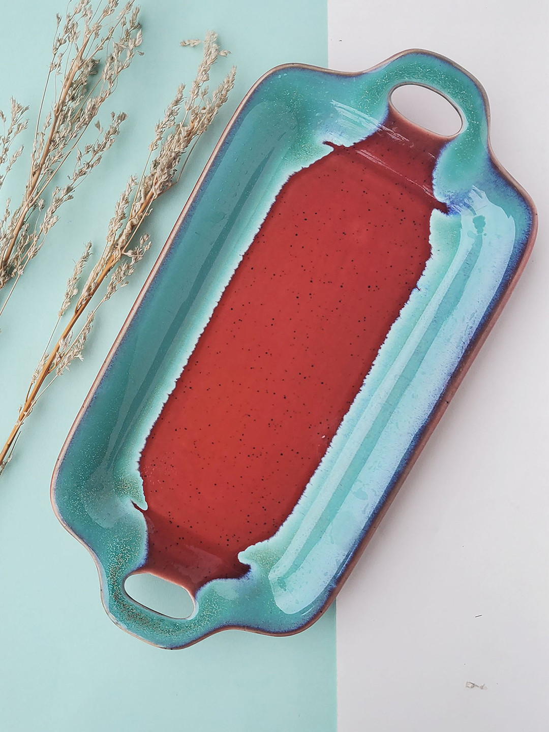 Folkstorys Red Textured Ceramic Serving Tray