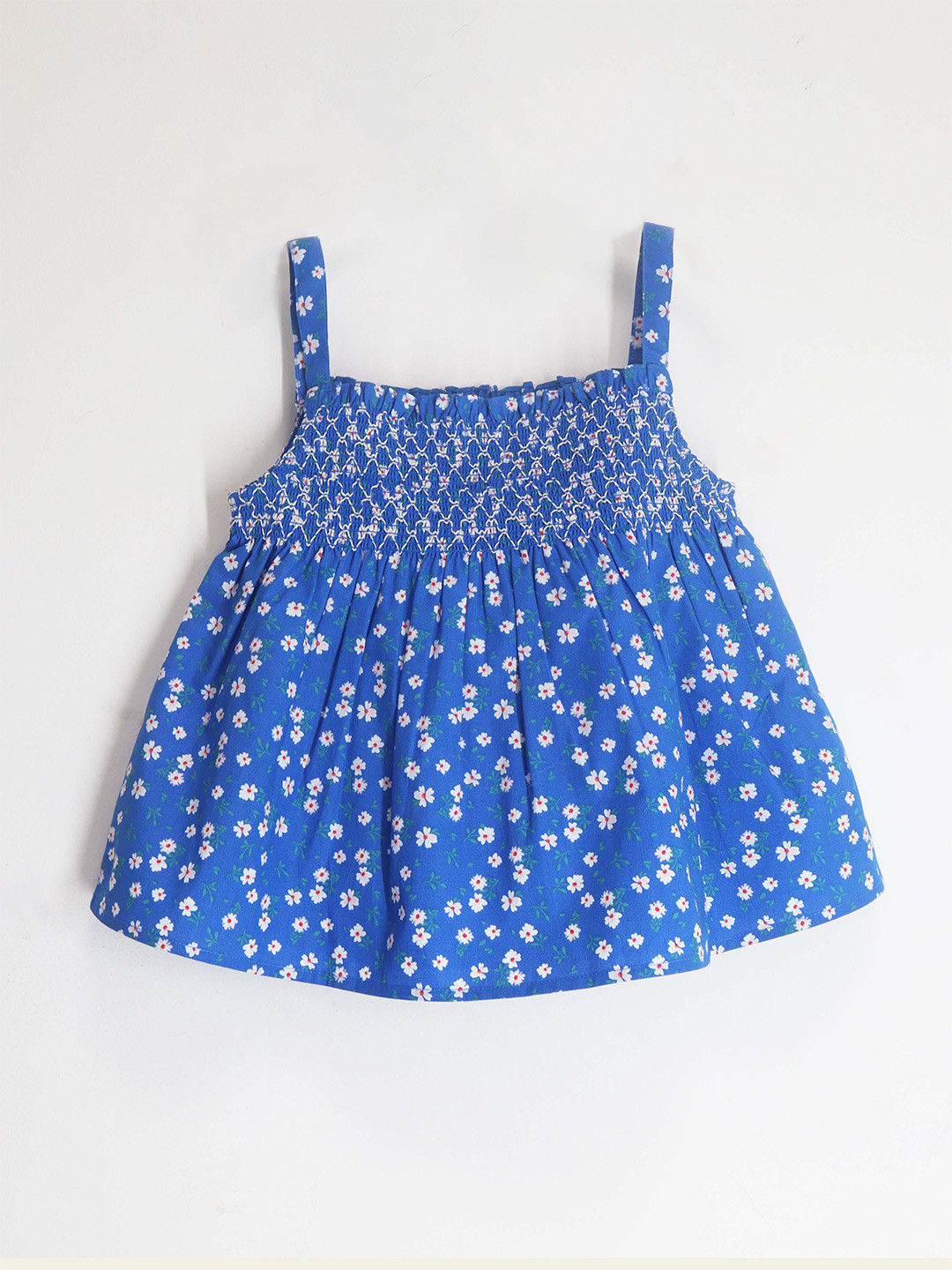 Cherry Crumble Girls Floral Printed Smocking Detailed Cotton A-Line Top