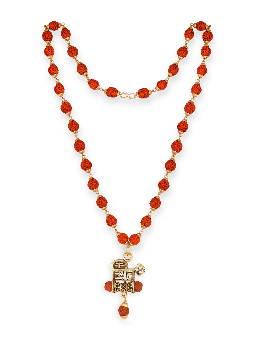 Vighnaharta Men Gold-Plated Rudraksha Damru Beaded Temple Pendant With Chain