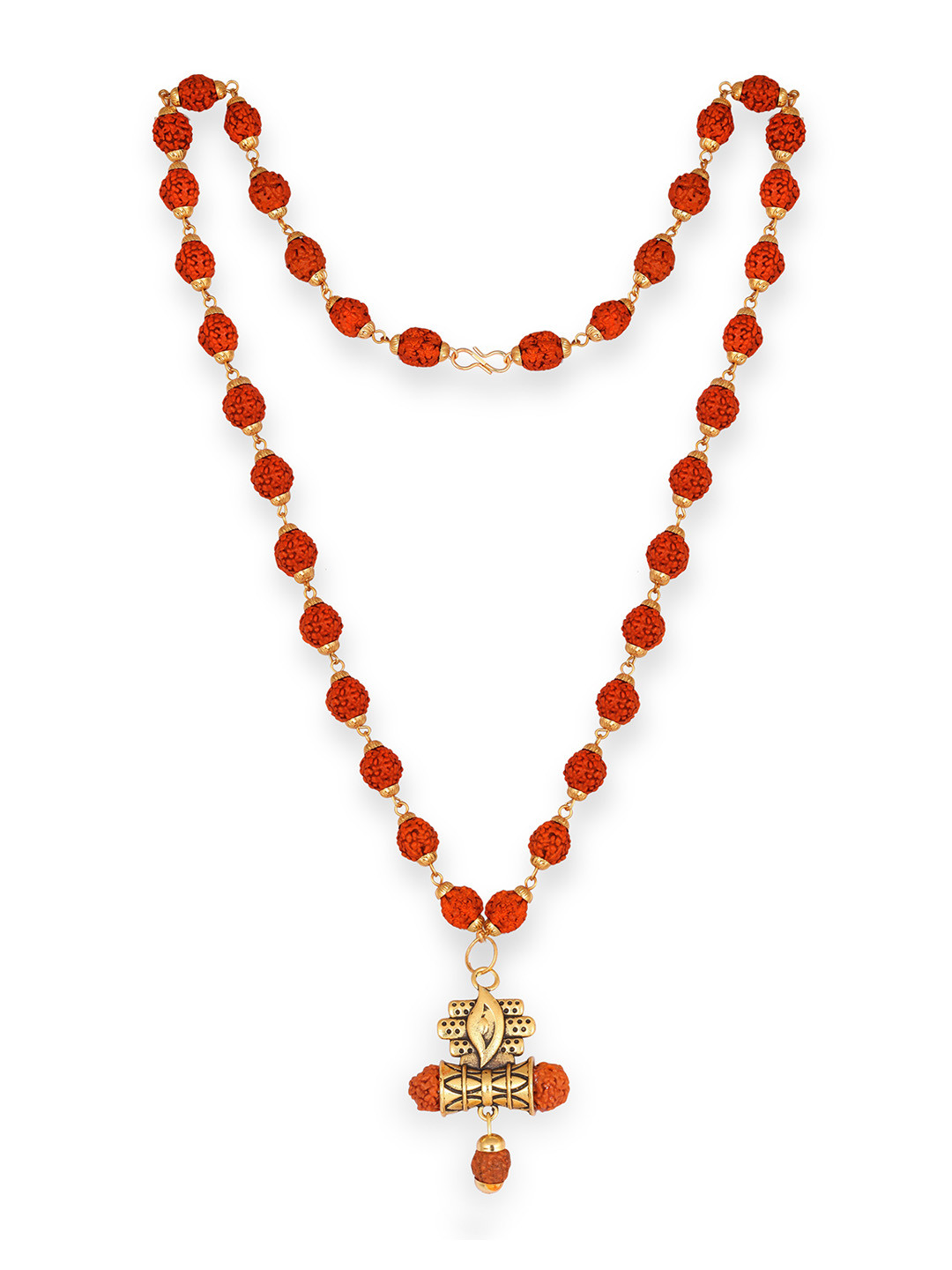 Vighnaharta Men Gold-Plated Rudraksha Damru Beaded Temple Pendant With Chain