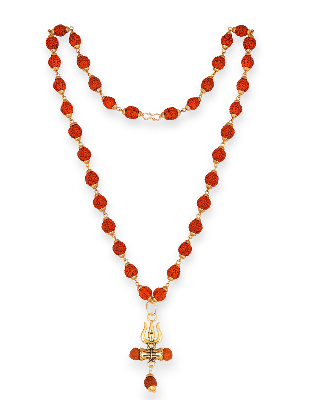 Vighnaharta Men Gold-Plated Rudraksha Damru Beaded Temple Pendant With Chain