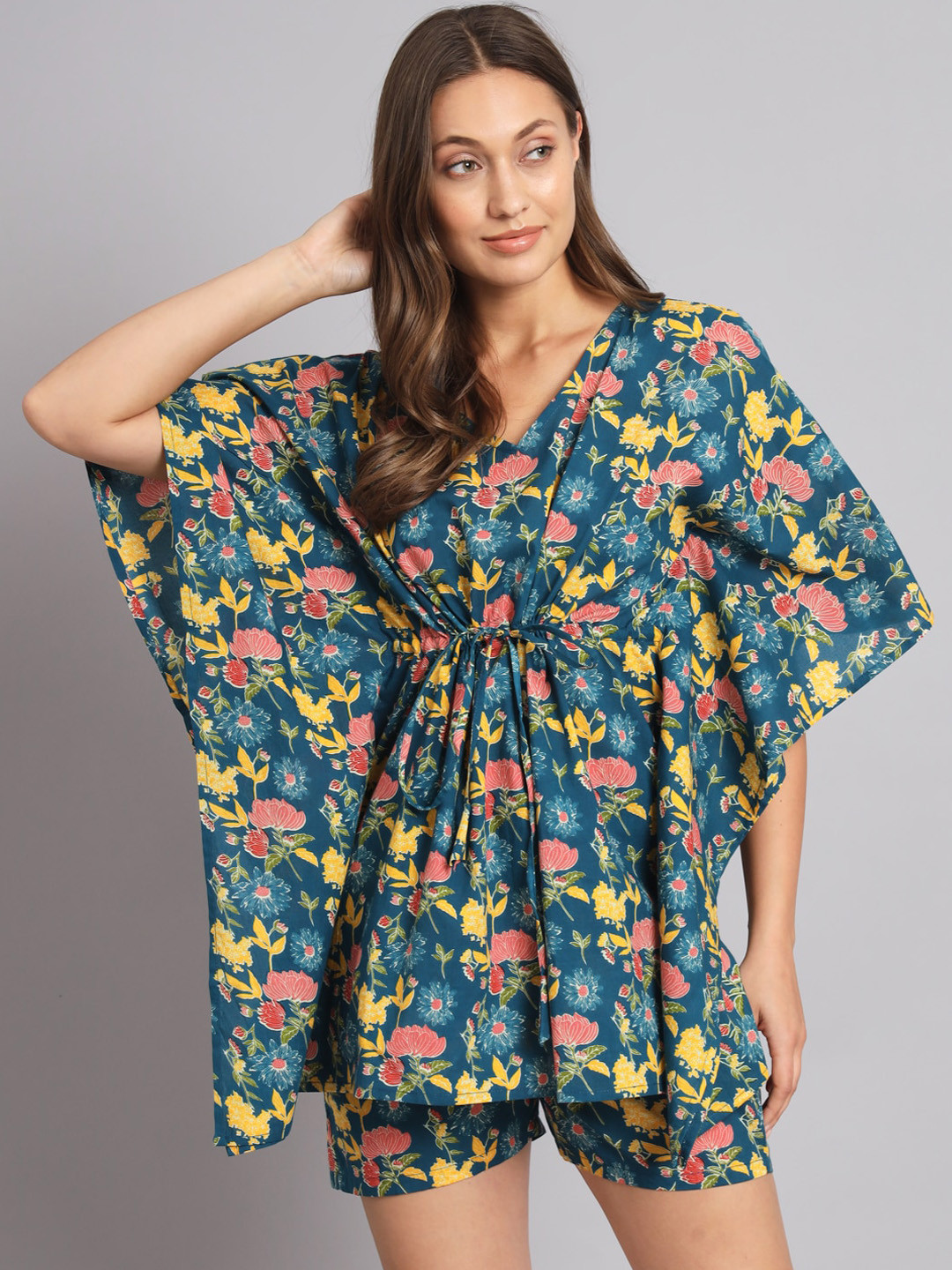 Vastralay Blue Flower Printed Pure Cotton Kaftan & Shorts