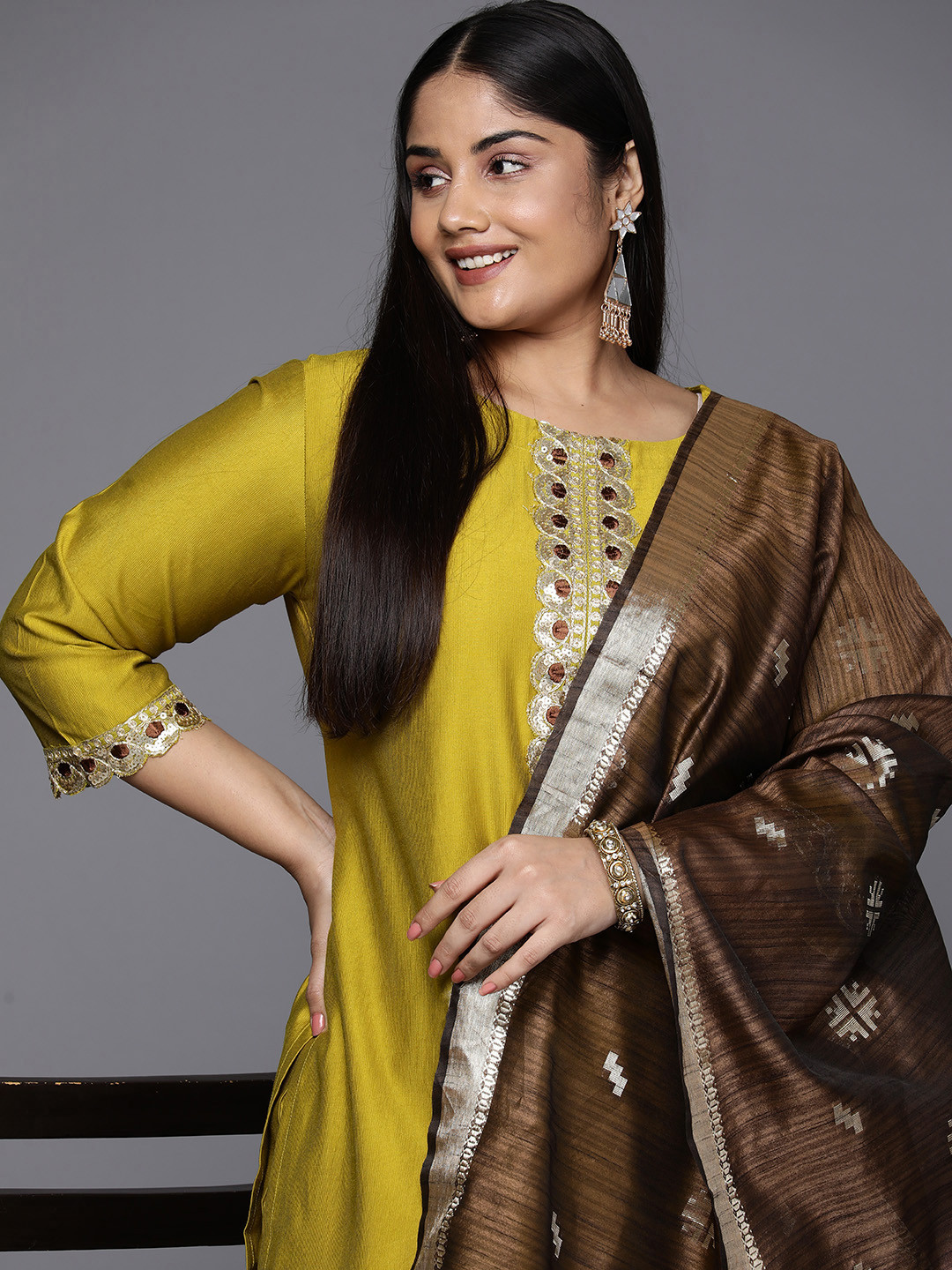 Indo Era Plus Size Embroidered Regular Sequinned Kurta with Palazzos & Dupatta