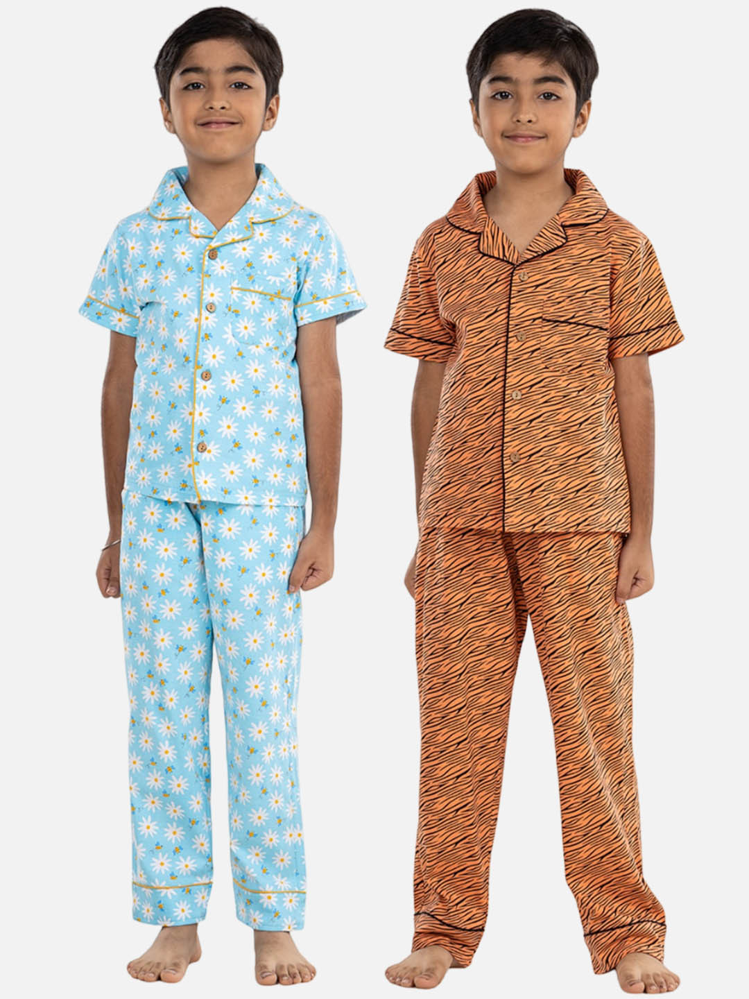 Growing Tree Unisex Kids Blue & Orange Printed Night suit