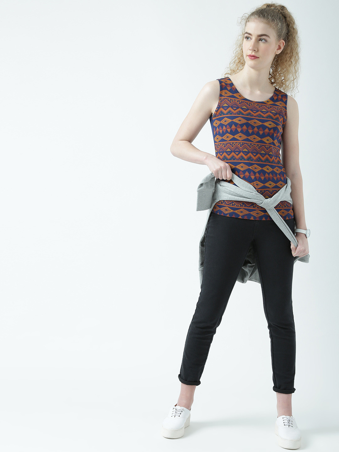 Huetrap Women Navy Blue and Brown Printed Tank Pure Cotton Top