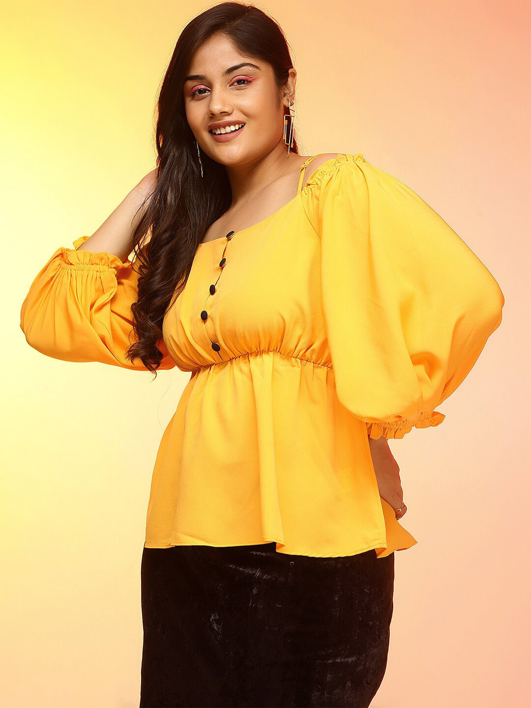 CURVE BY KASSUALLY Yellow Shoulder Straps Puffed Sleeves Peplum Top