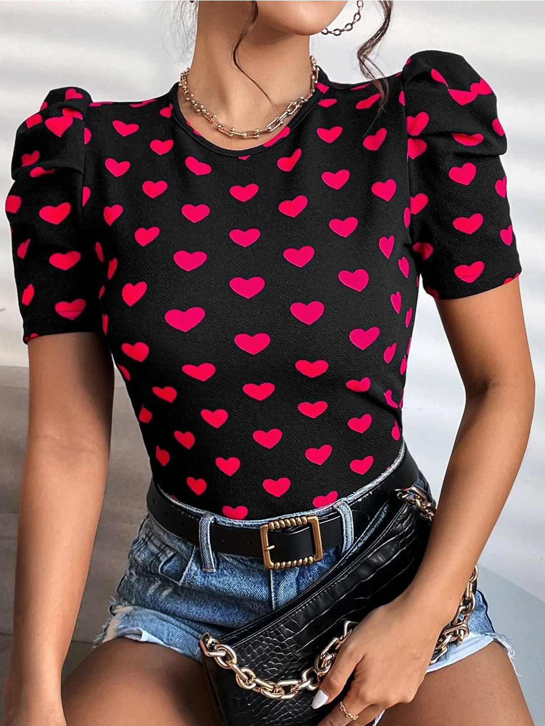 RAJOVATI Conversational Printed Puff Sleeves Cotton Fitted Top