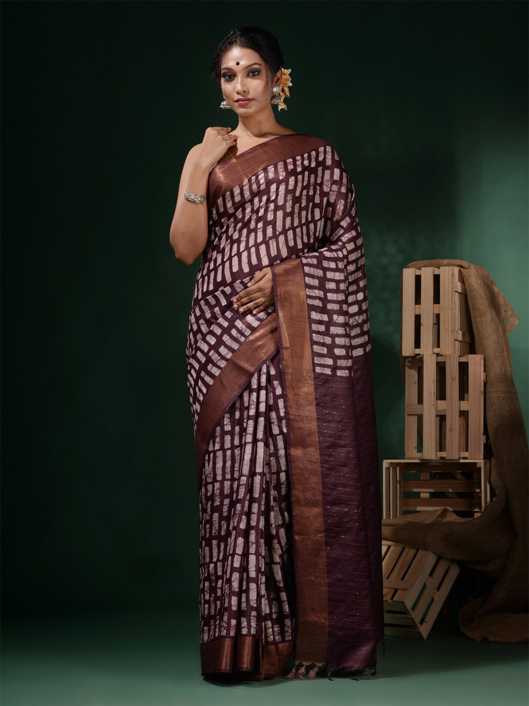Charukriti Batik Block Printed Zari Saree