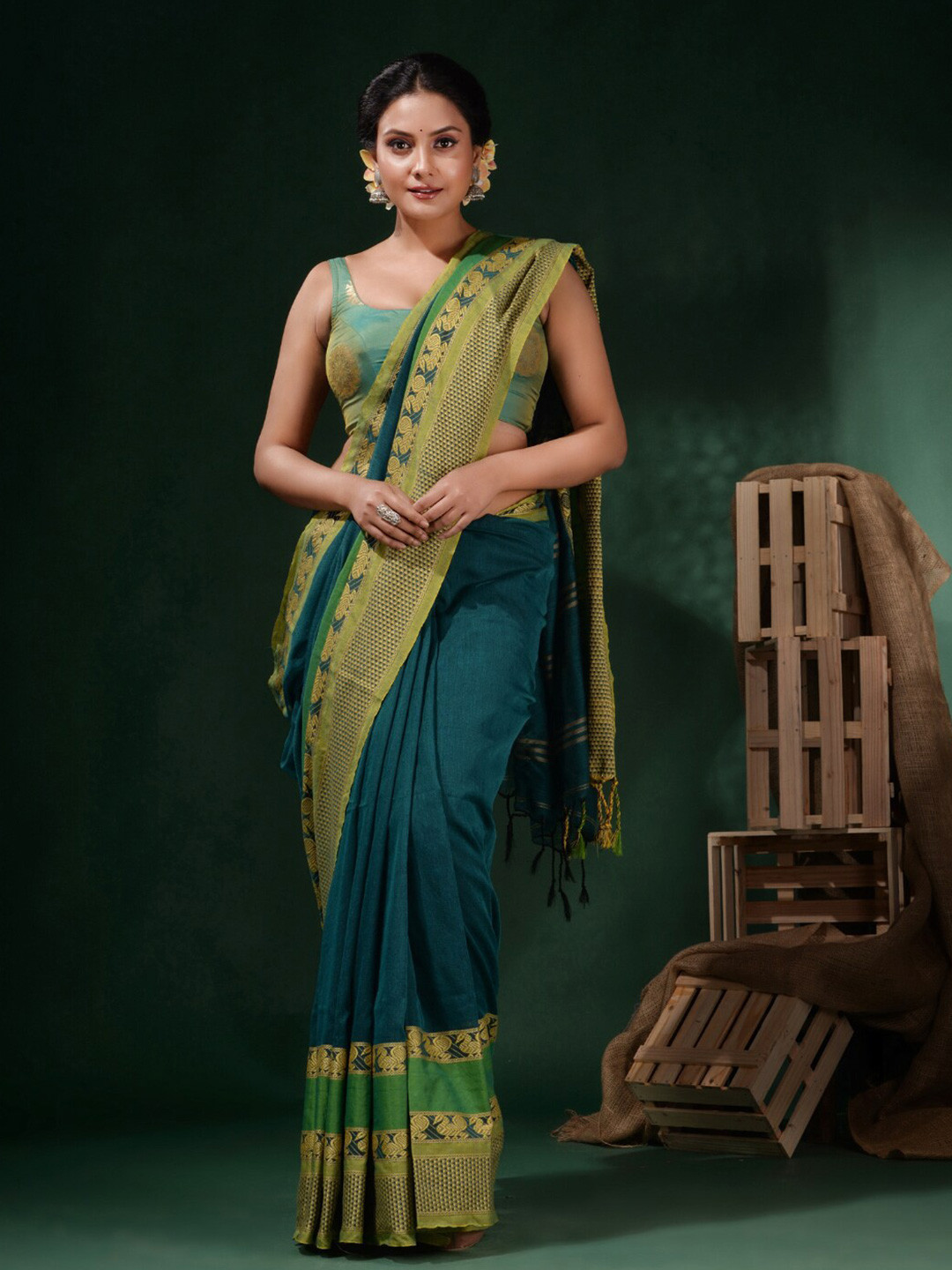 Charukriti Ethnic Motifs Woven Design Zari Pure Cotton Saree
