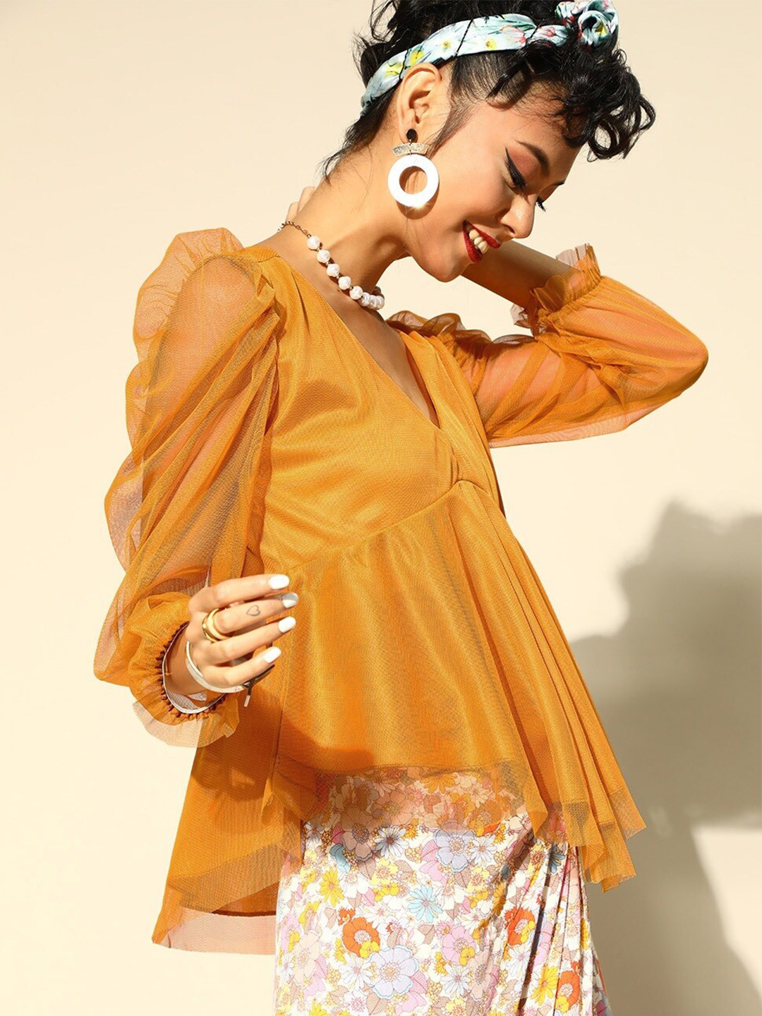 BAESD V-Neck Puff Sleeves Empire Net Top