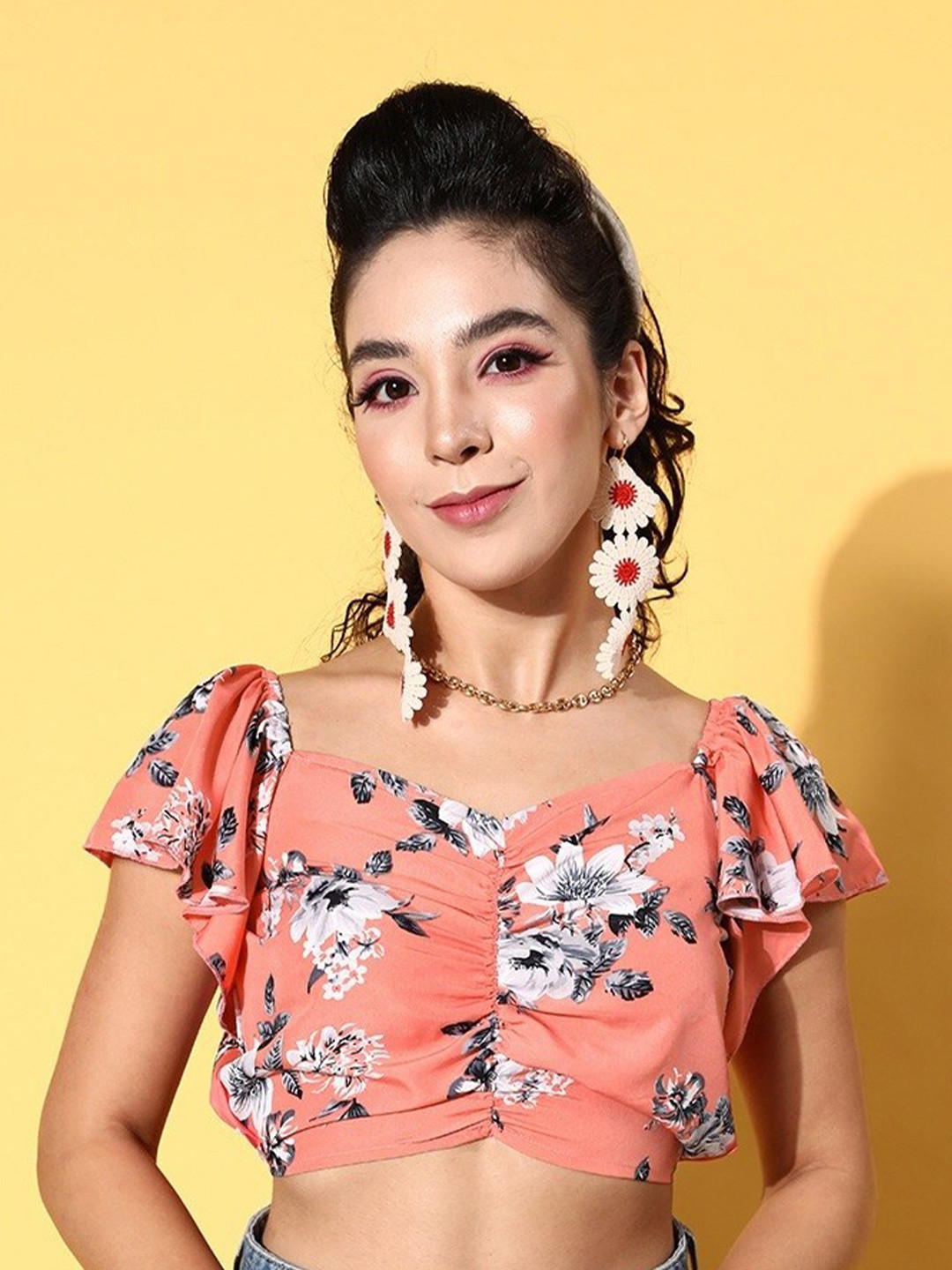 BAESD Floral Print Smocking Sweetheart Neck Flared Sleeves Crepe Crop Top