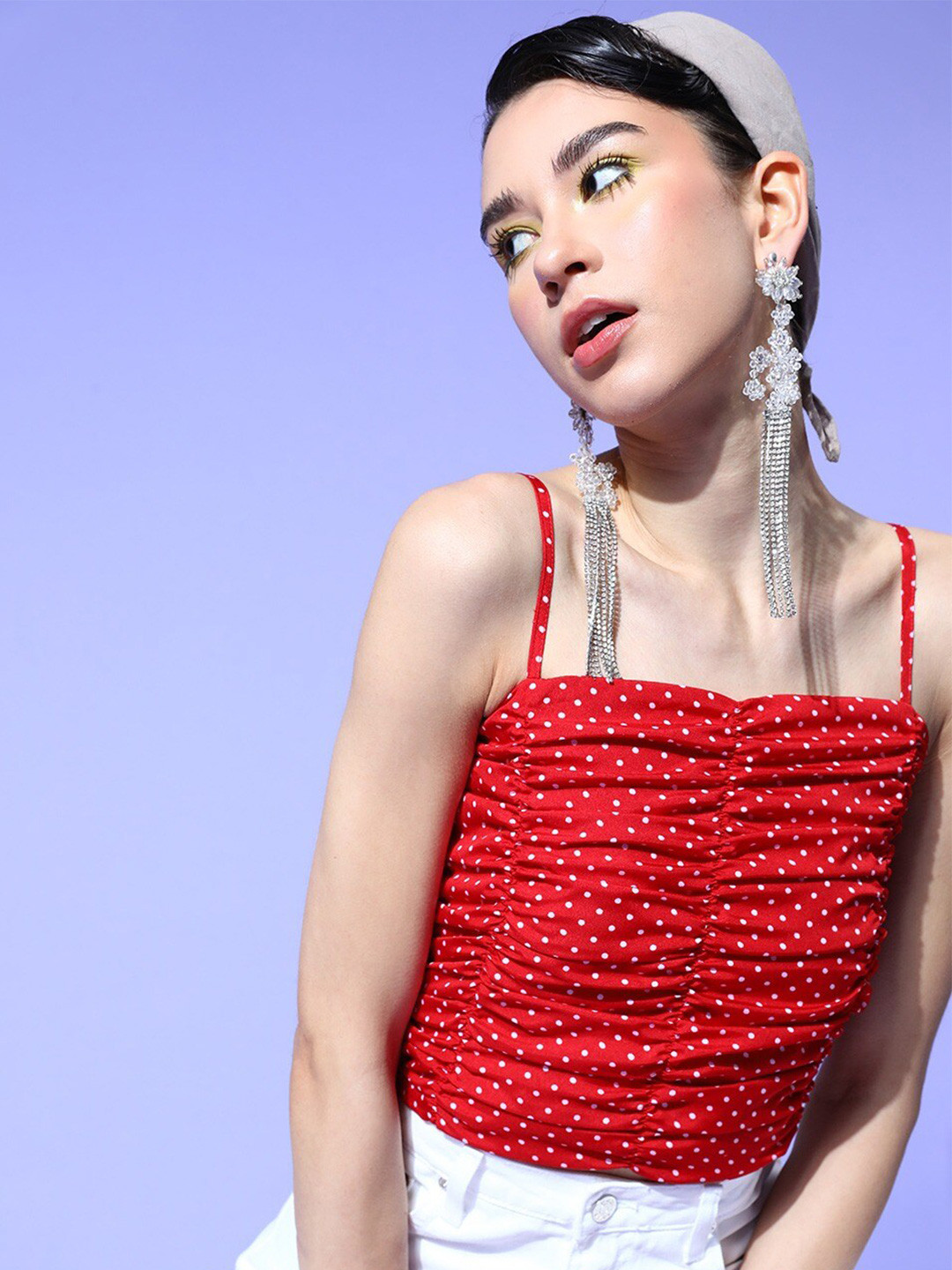 BAESD Polka Dots Printed Shoulder Straps Smoking Crepe Fittrd Crop Top