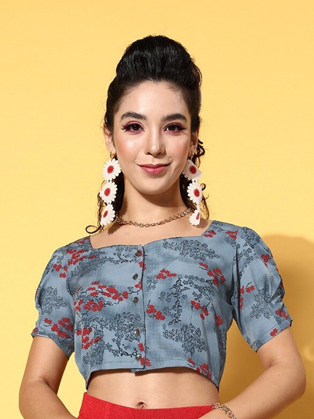 BAESD Floral Printed Square Neck Puff Sleeves Crepe Shirt Style Crop Top