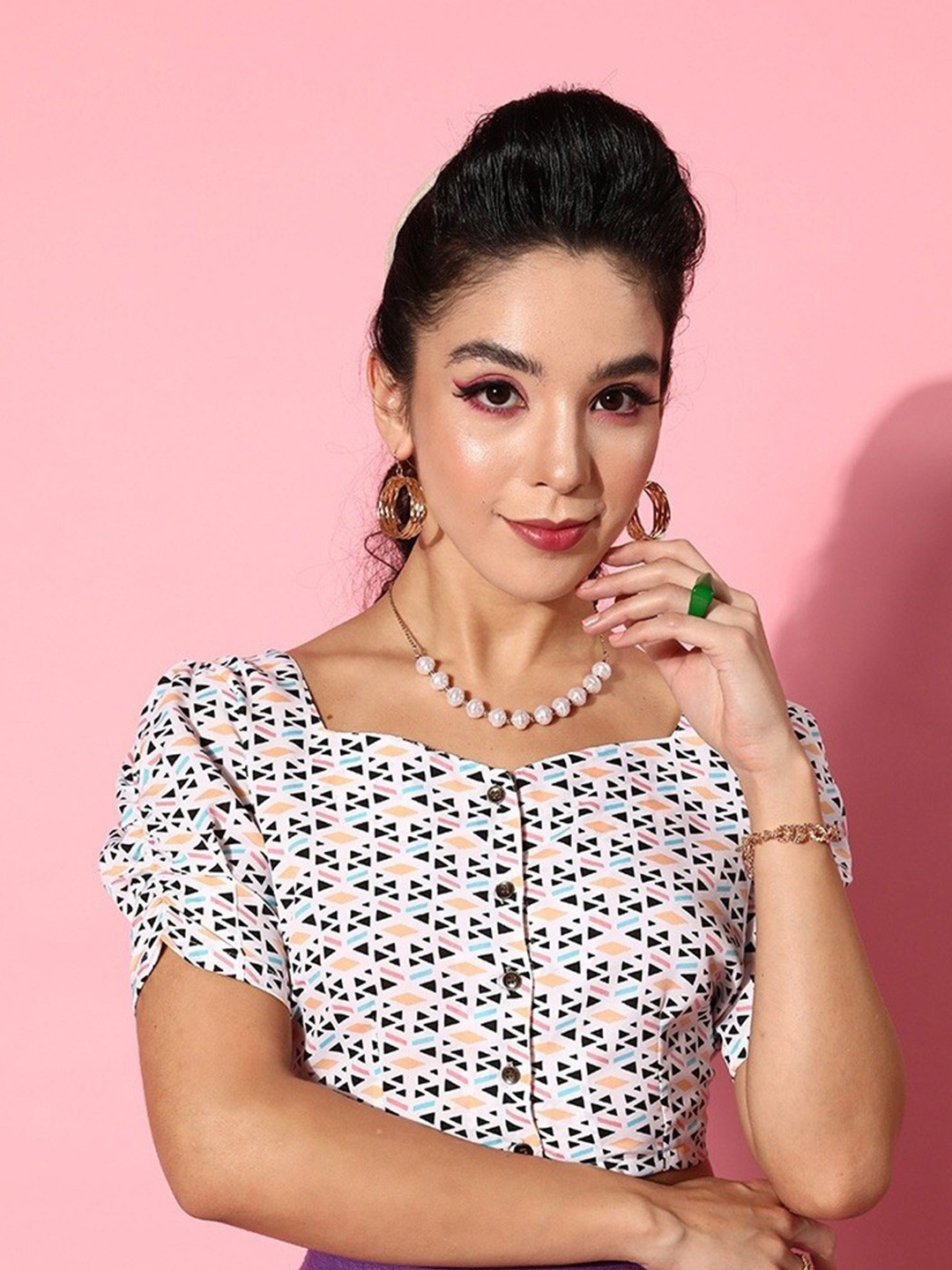 BAESD Geometric Printed Square Neck Crepe Crop shirt style Top