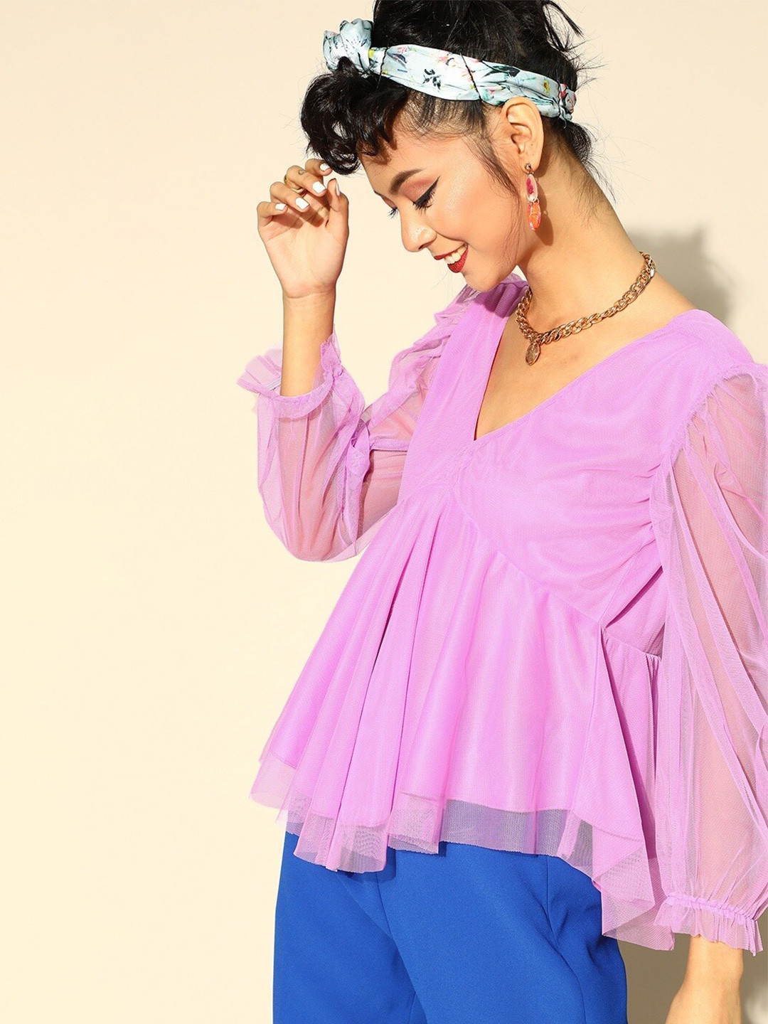 BAESD V-Neck Puff Sleeves Pleated Detail Net Top