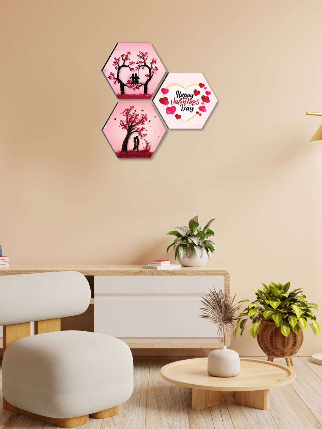SAF Romantic Couple Canvas 3 Piece Wall Hexagon Paintings Wall Art -17 x 17 In