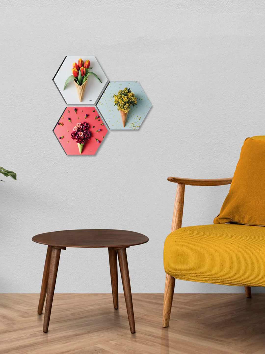 SAF Preety Flower Paper 3 Piece Wall Hexagon Paintings Wall Art -17 x 17In