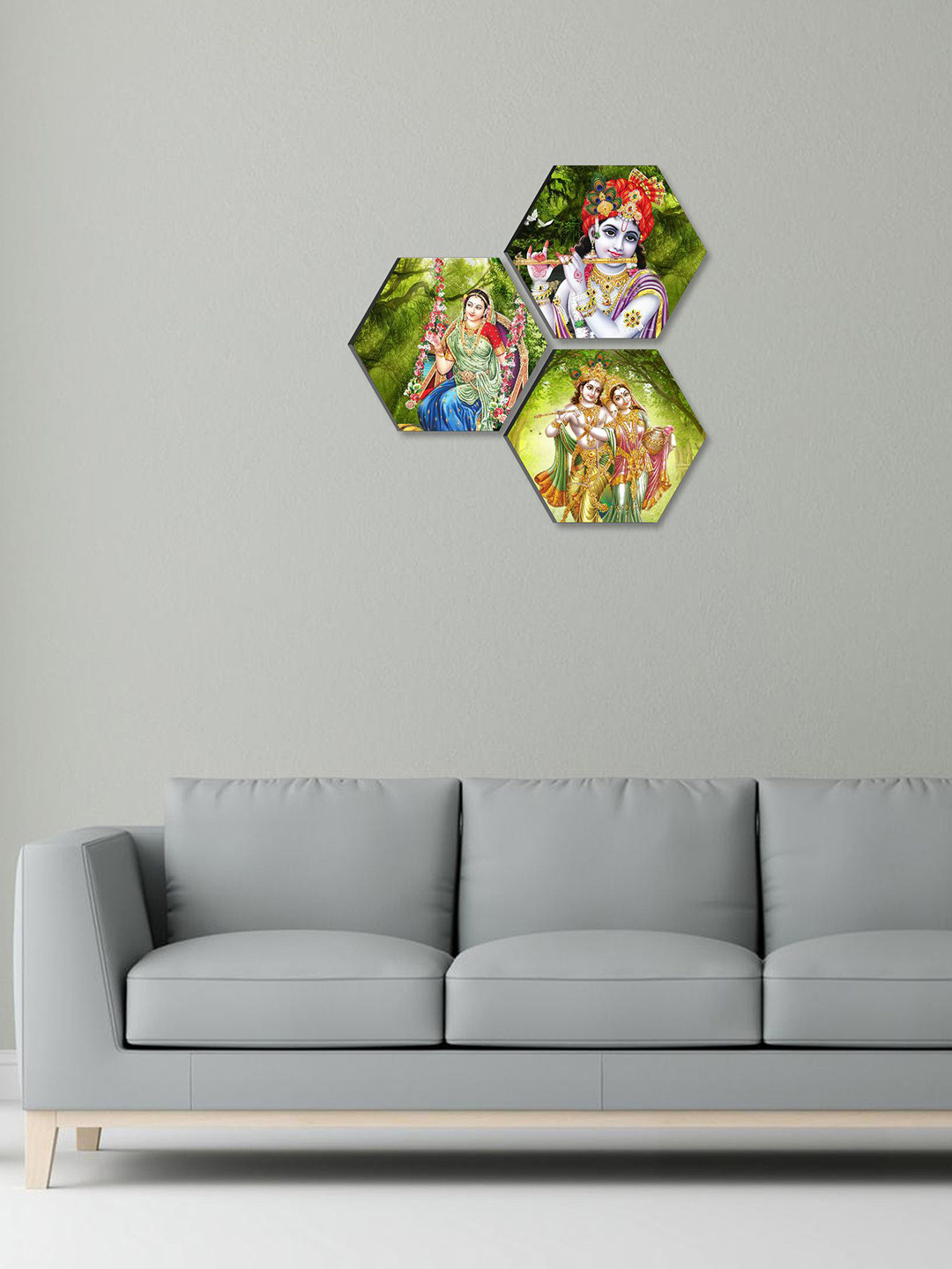 SAF Radha Krishna Self Adhesive Paper 3 Piece Wall Hexagon Paintings Wall Art