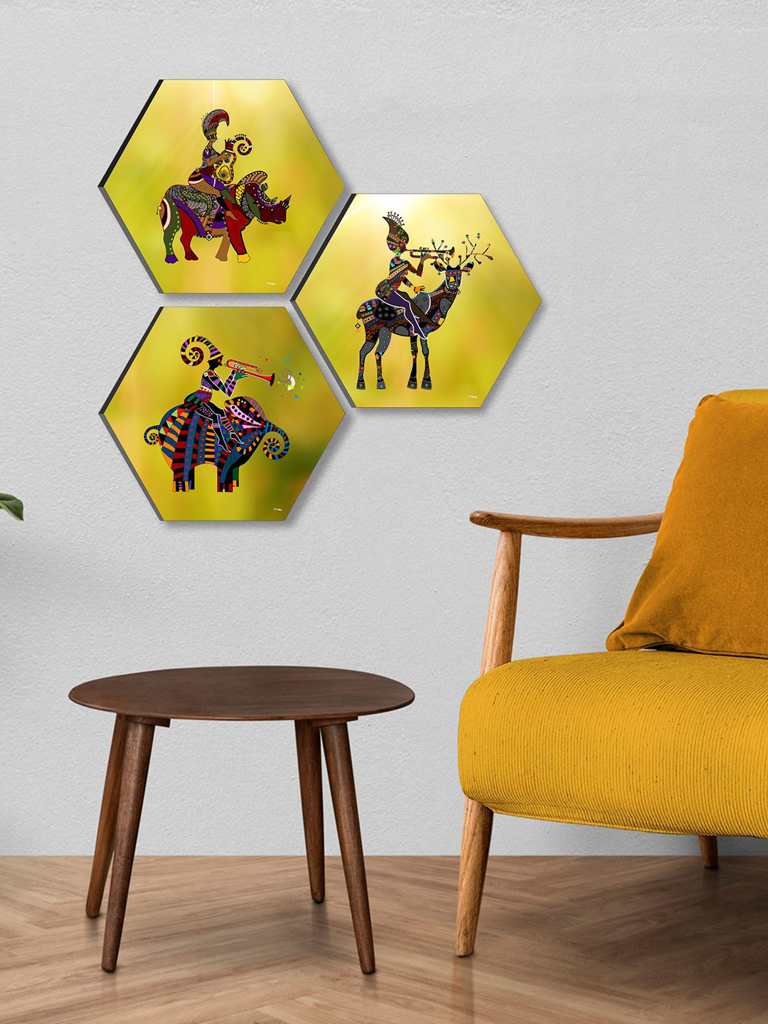 SAF Yellow & Green 3 Pieces Trible Art UV Coating Painting Wall Arts