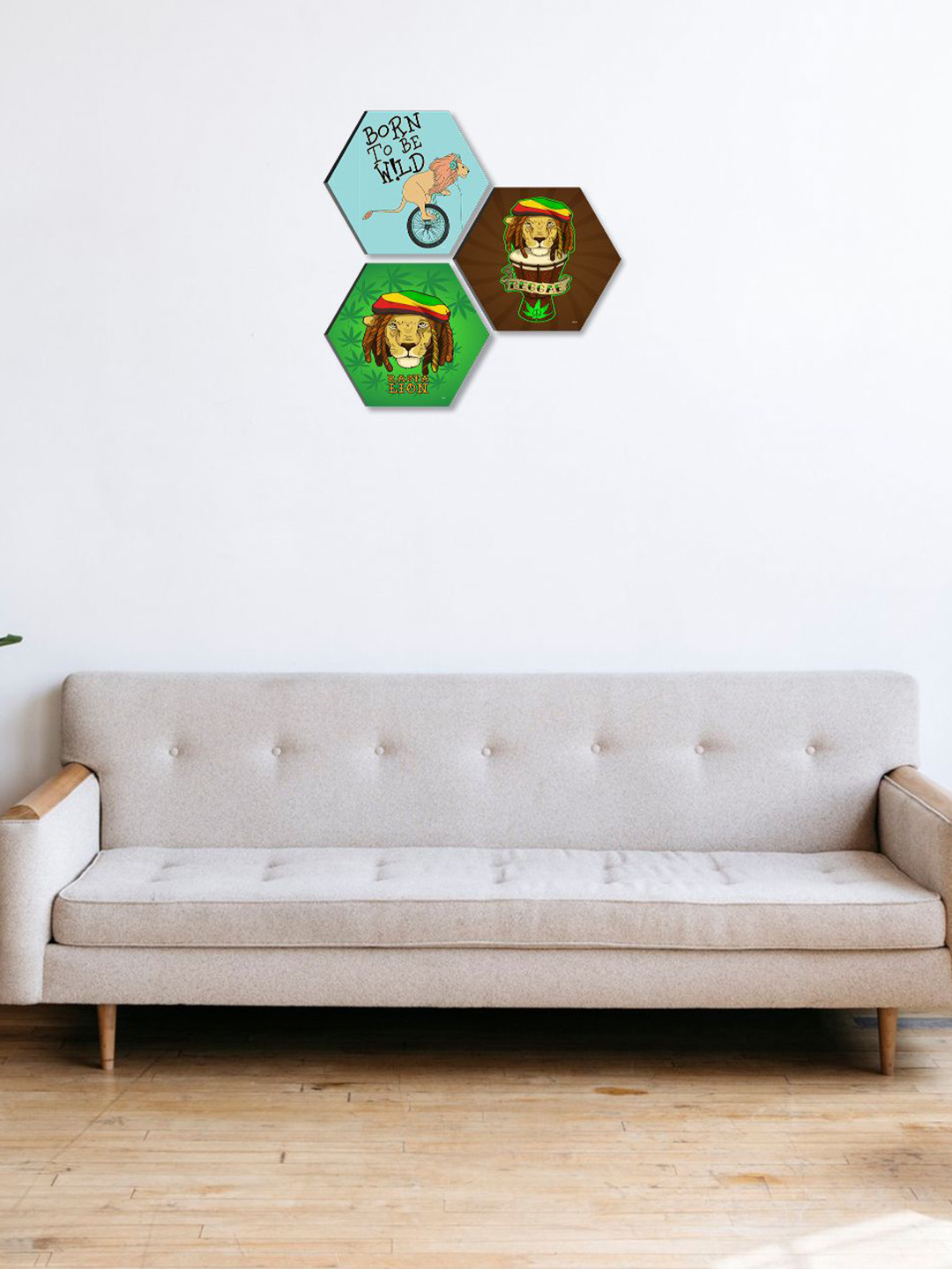 SAF Blue & Green 3 Pieces Animal Printed UV Coating Wall Art