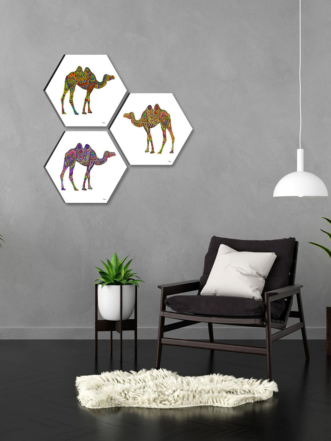 SAF Traditional Camel Paper 3 Piece Wall Hexagon Paintings Wall Art - 17 x 17In