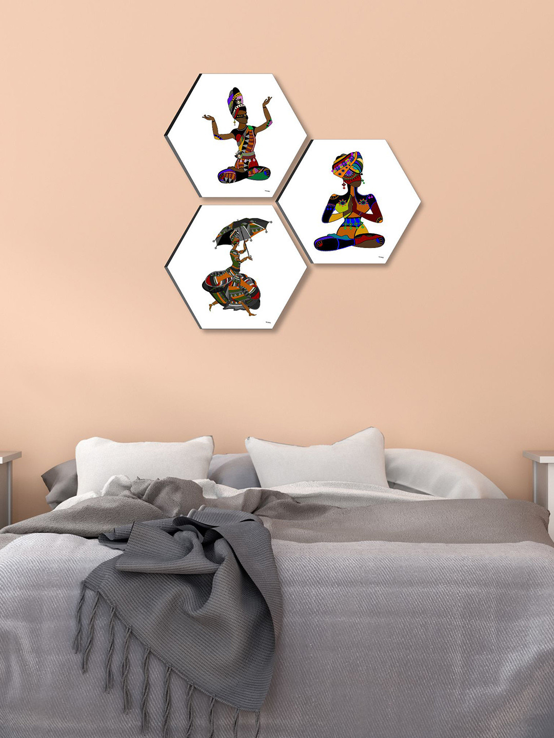 SAF Self Adhesive Paper 3 Piece Wall Hexagon Paintings Wall Art