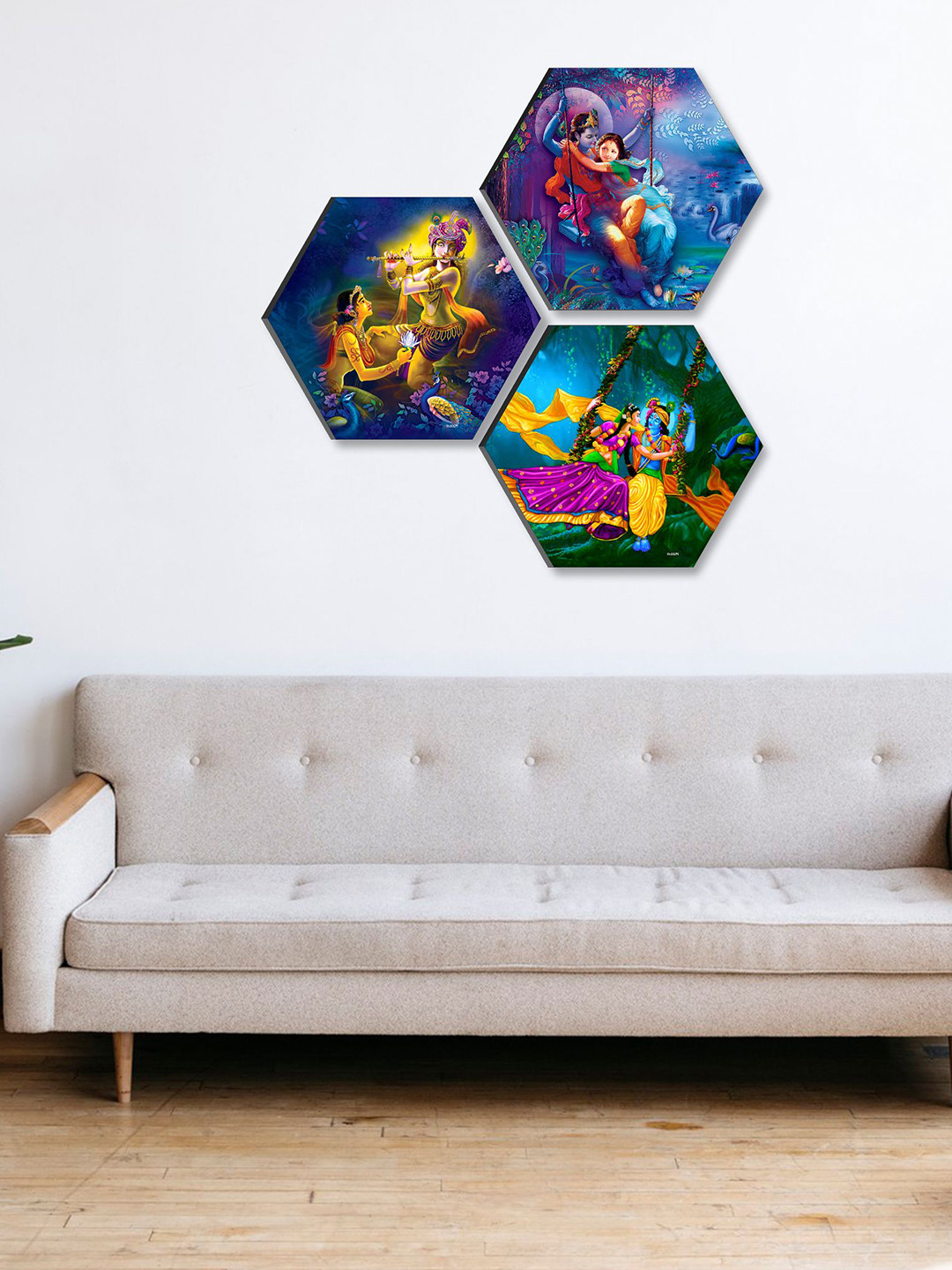 SAF Lord Krishna Blue Wood 3 Pcs Wall Living Room Hexagon Potrait Paintings Wall Art