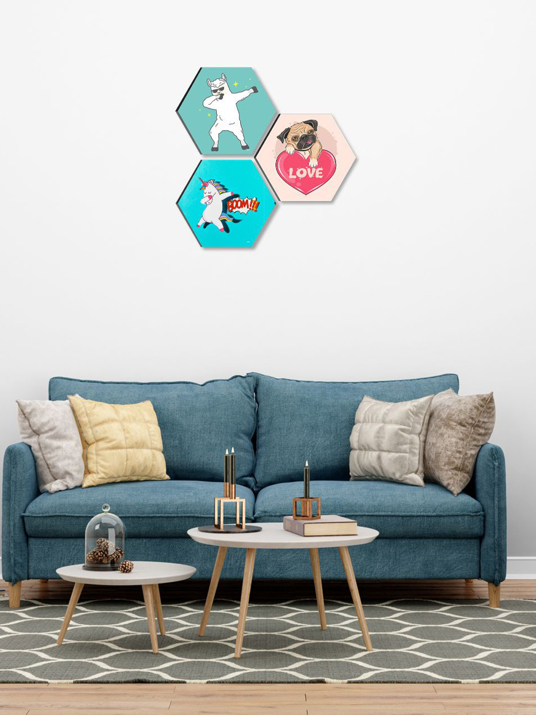 SAF Blue Wood 3 Pcs Wall Kids Room Hexagon Potrait Paintings Wall Art -16.93 x 16.93In