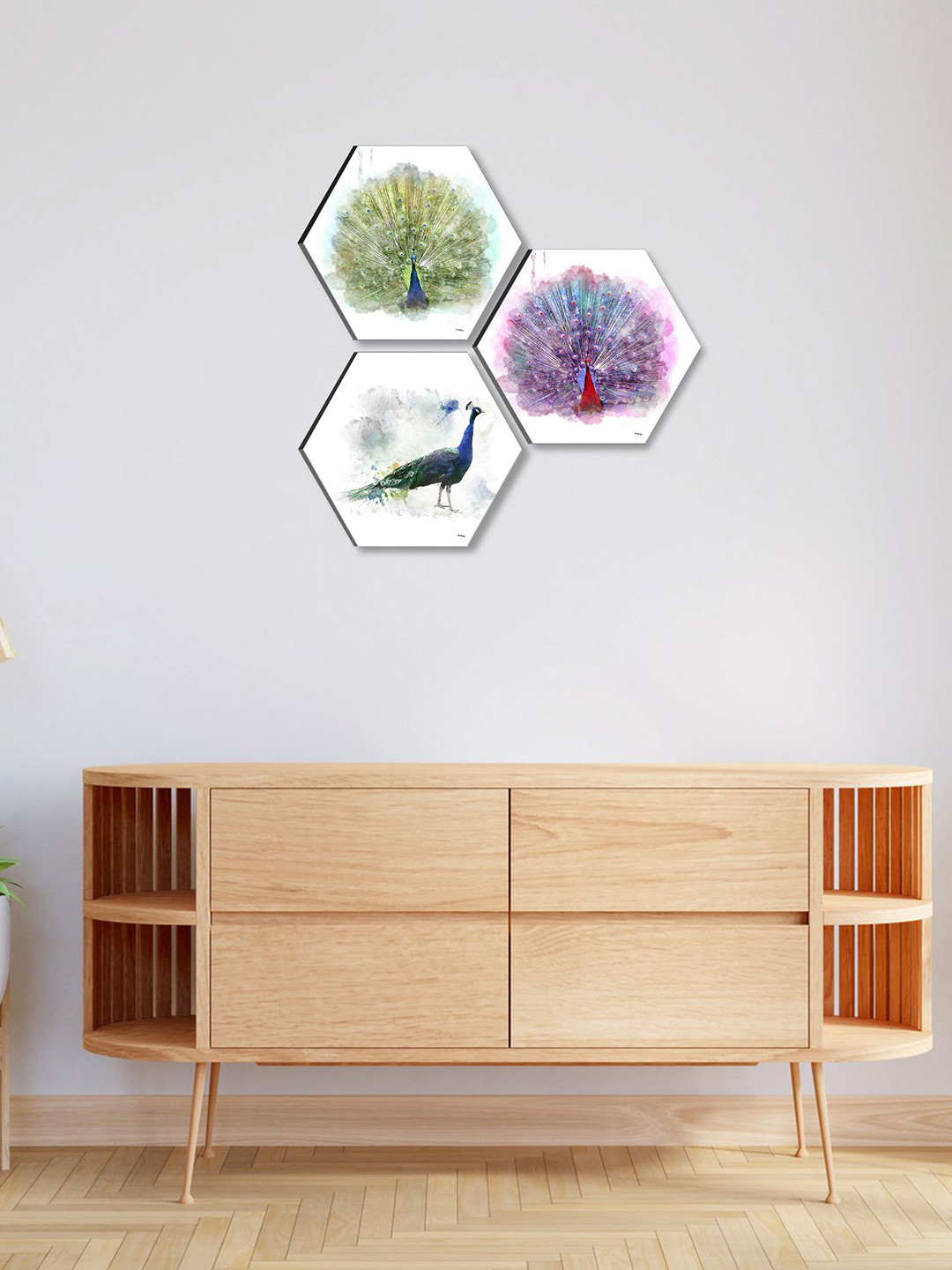 SAF Peacock Paper 3 Piece Wall Hexagon Paintings Wall Art - 17 x 17 In