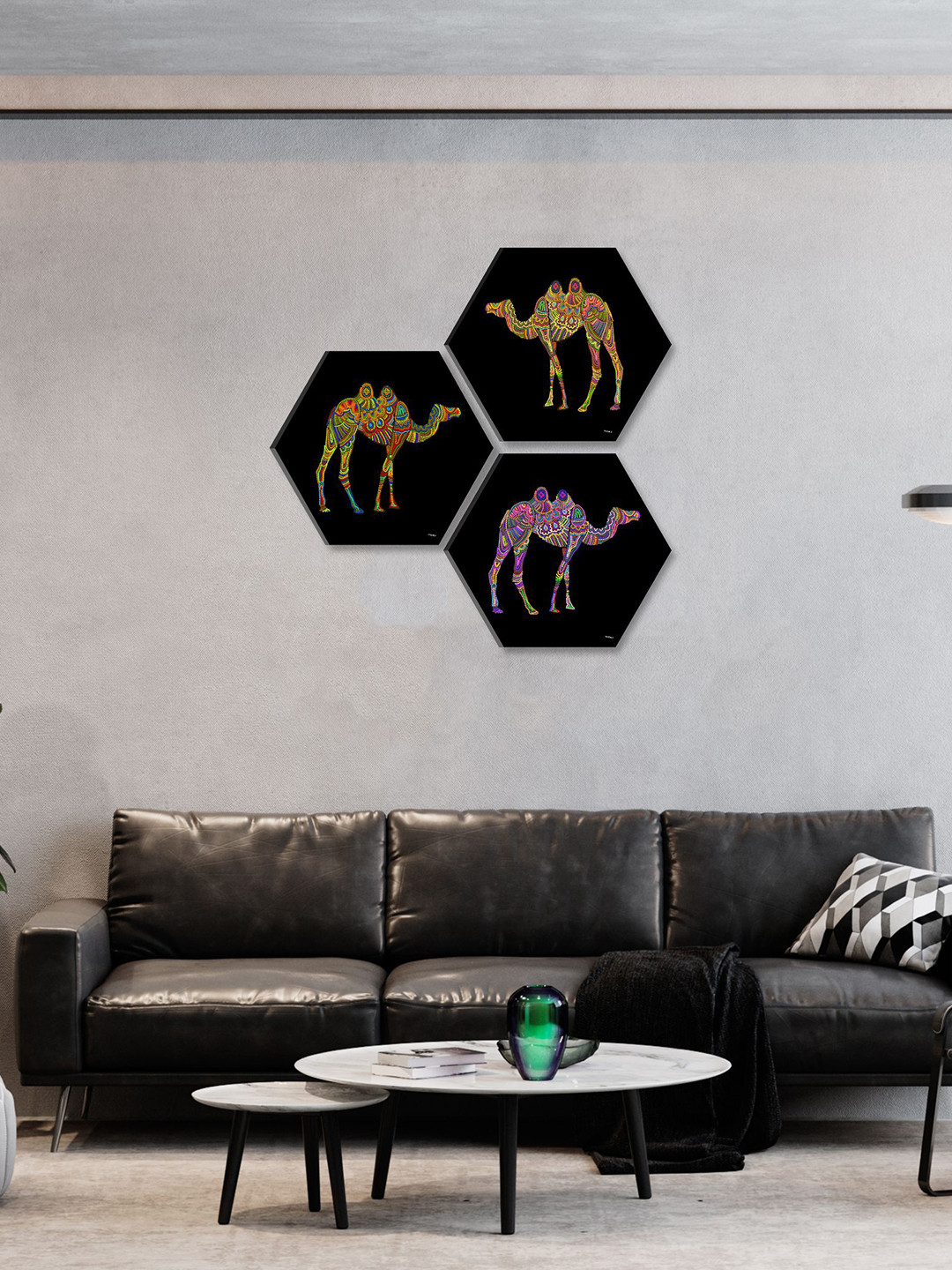 SAF Self Adhesive Traditional Camel Paper 3 Piece Wall Hexagon Paintings Wall Art