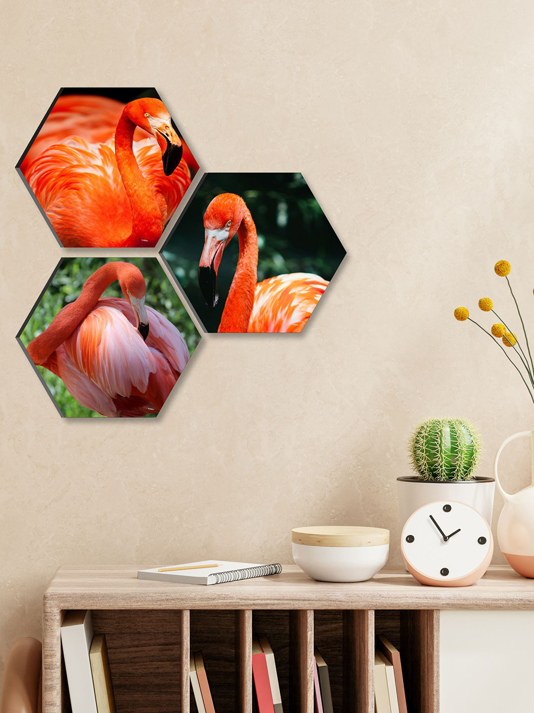 SAF Flamingo Paper 3 Pcs Wall Living Room Hexagon Paintings Wall Art -16.93 x 16.93In
