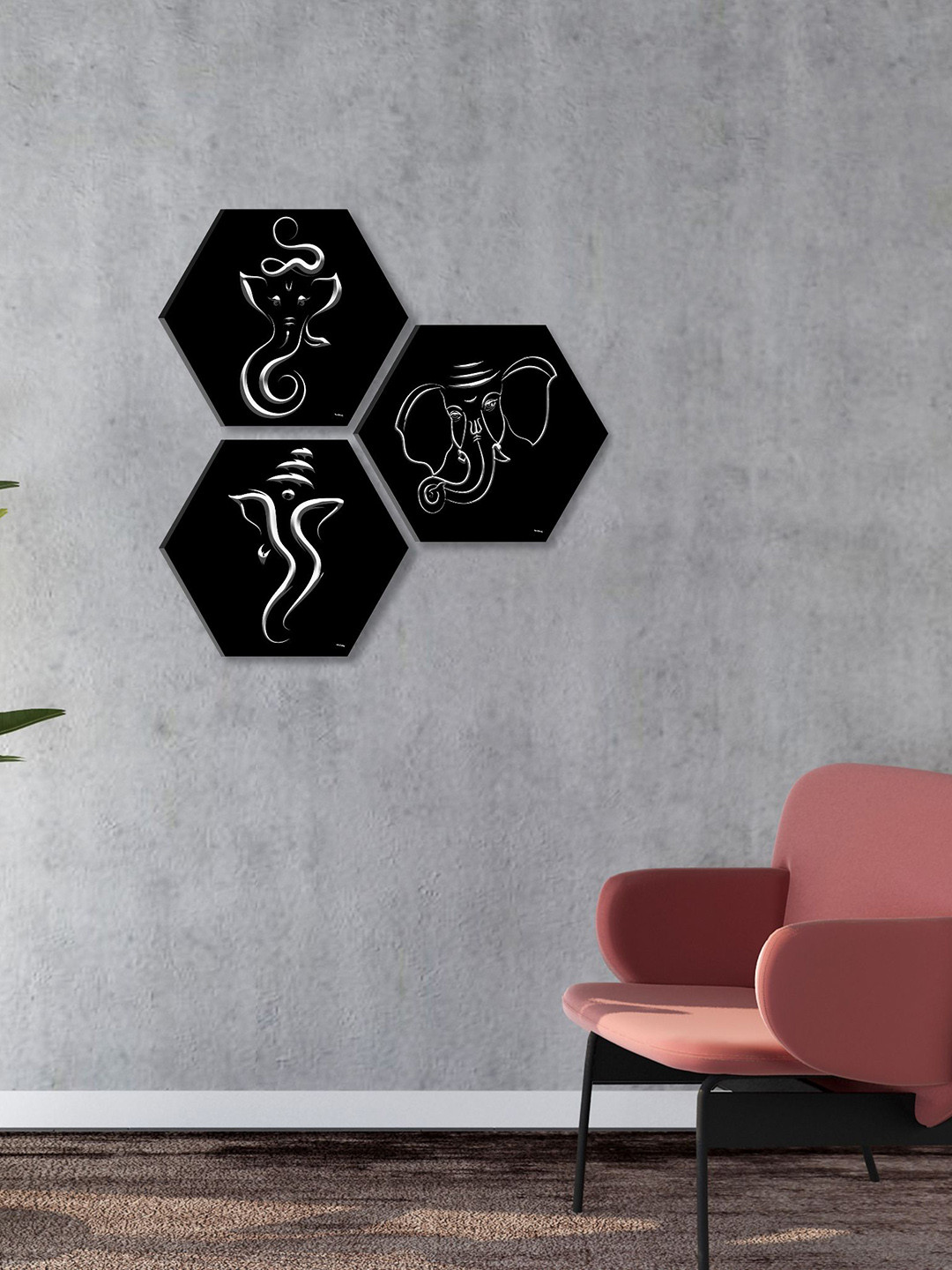 SAF Lord Ganesha Black Wood 3 Pcs Wall Living Room Hexagon Paintings Wall Art -2 x 16.93In