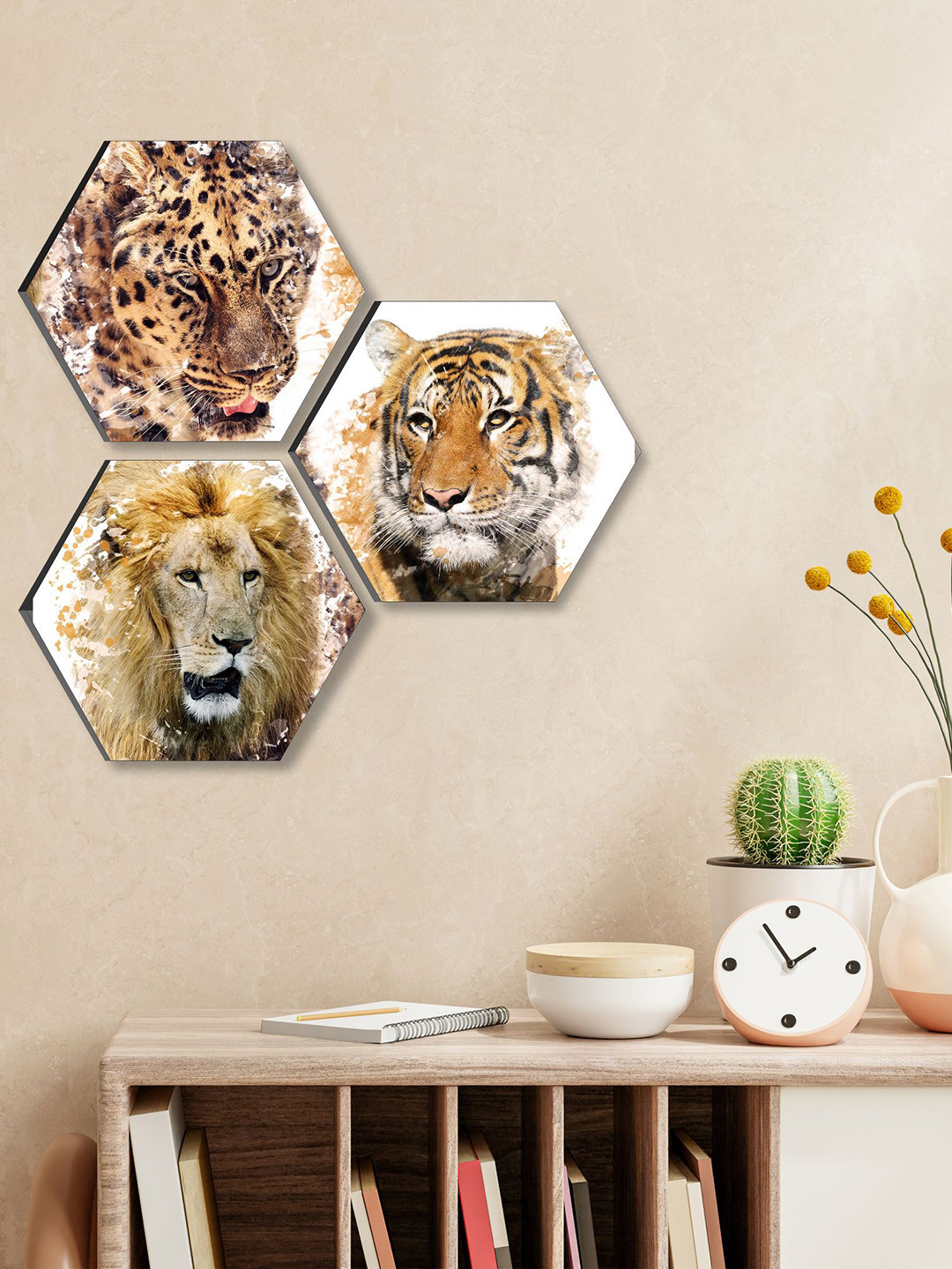 SAF White & Brown 3 Pieces Animal Printed UV Coating Wall Art
