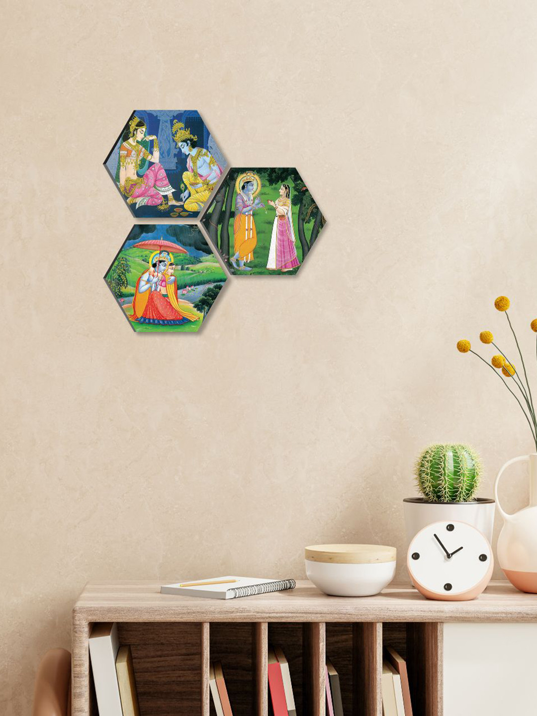 SAF Green & Pink 3 Pieces Radha Krishna UV Textured Self adhesive Wall Art Painting