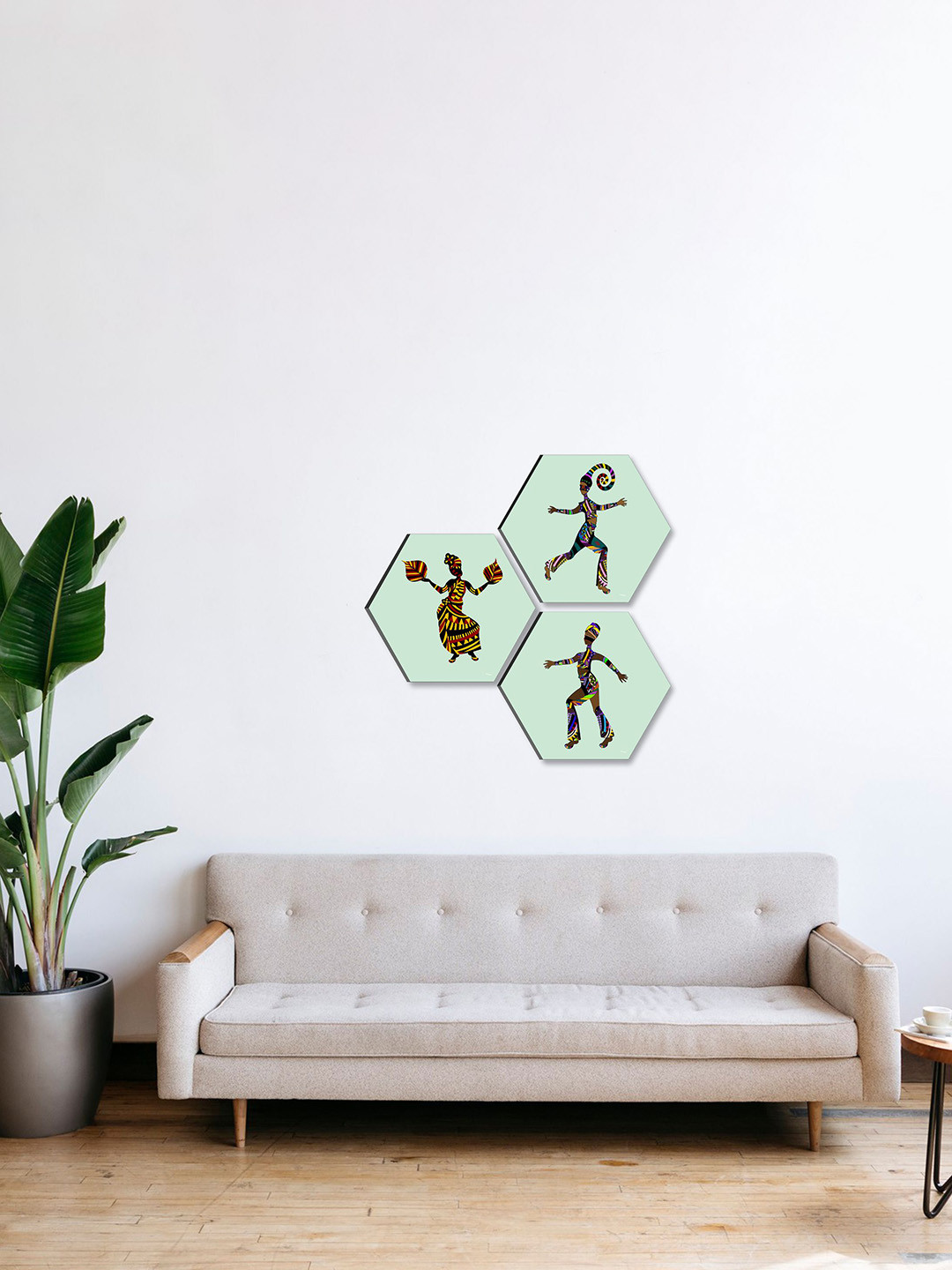 SAF Sea Green Canvas 3 Pcs Wall Living Room Hexagon Paintings Wall Art -16.93 x 16.93In