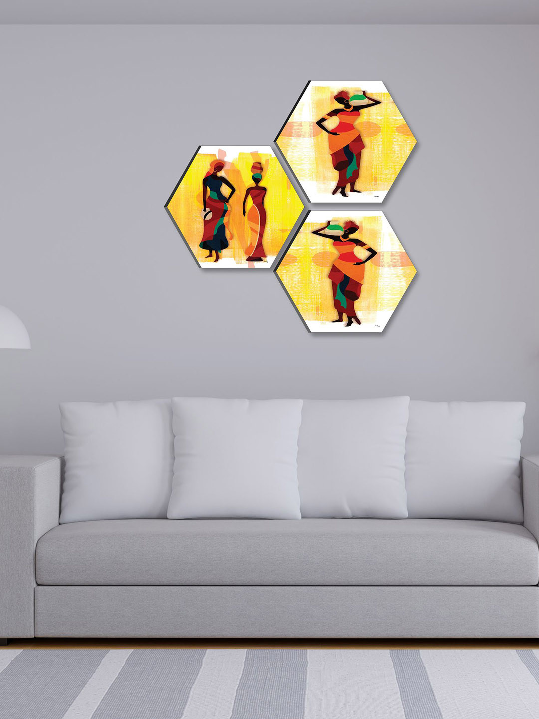 SAF Yellow 3 Pieces Hexagon Painting Framed Wall Art