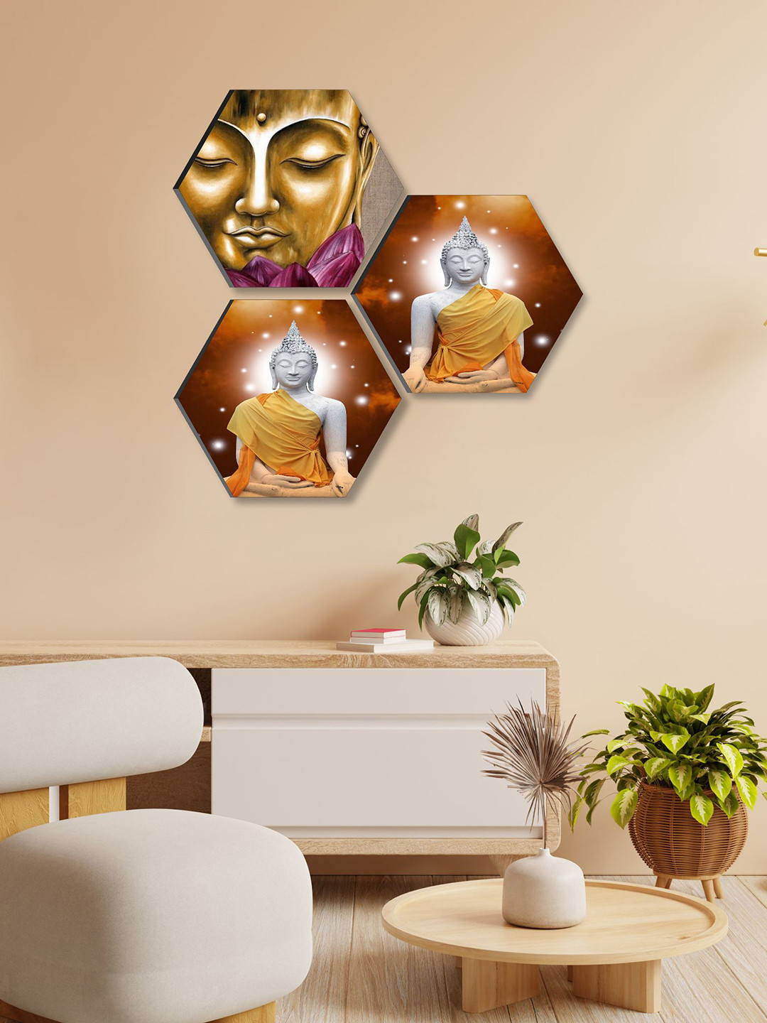 SAF Lord Buddha Canvas 3 Pcs Living Room Hexagon Paintings Wall Art -43.18 x 17 x 8.27In