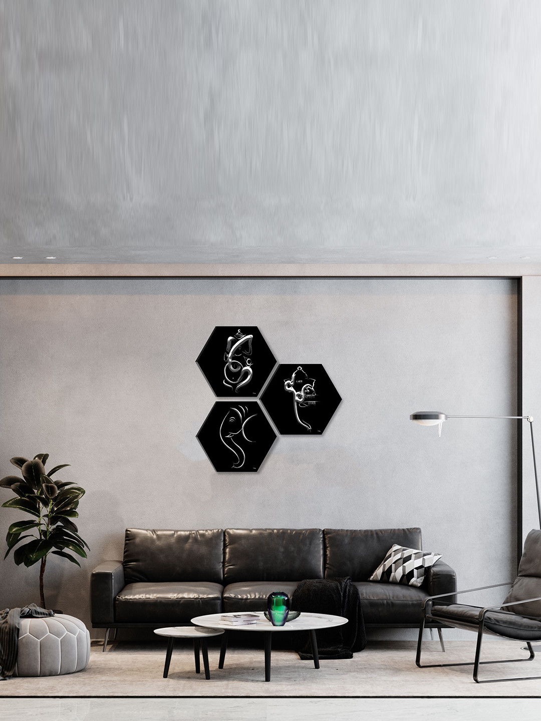SAF Black 3 Pieces Lord Ganesha Hexagon Wall Art
