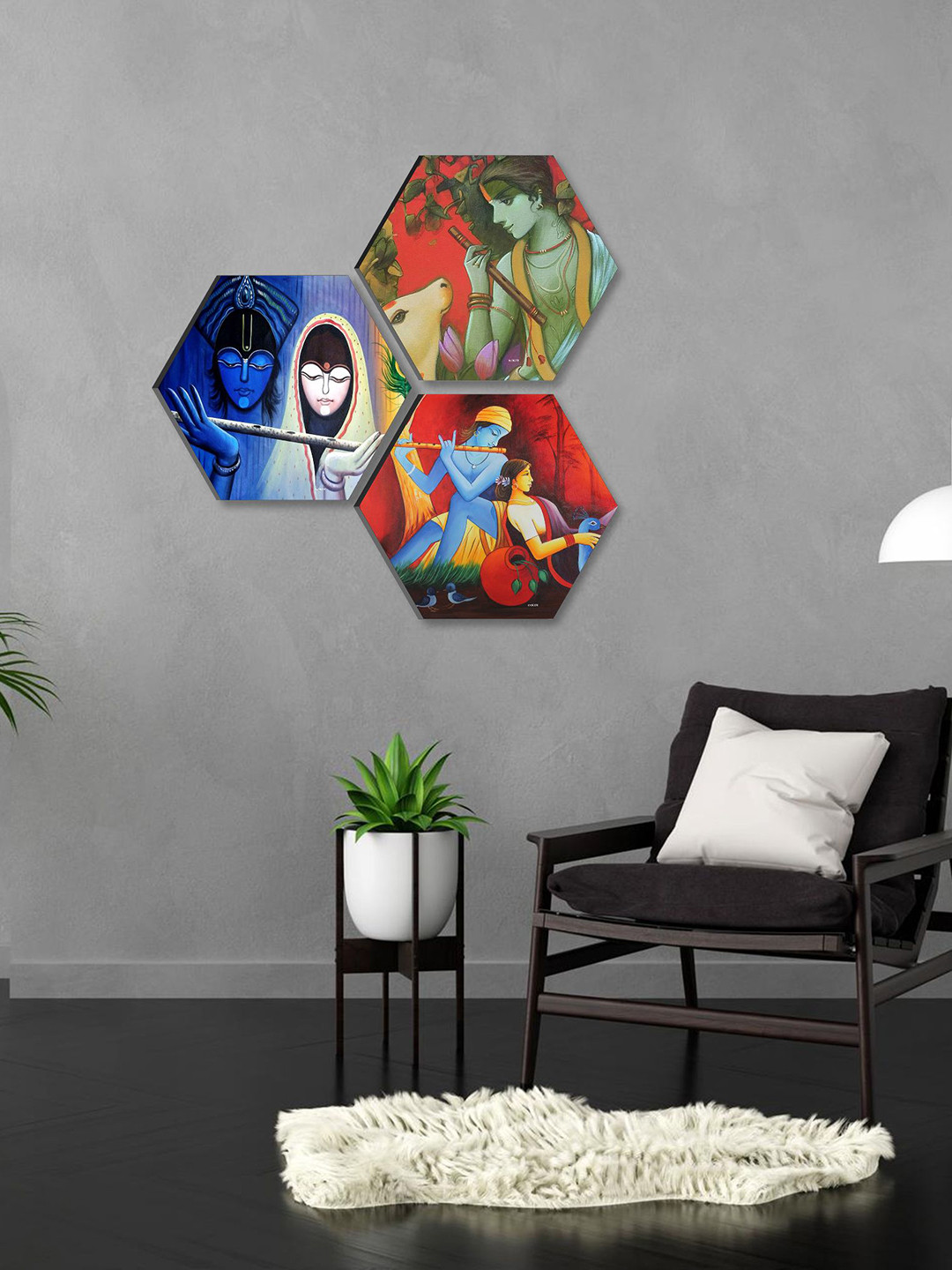 SAF Lord Krishna Canvas 3 Pcs Wall Living Room Hexagon Paintings Wall Art -16.93 x 16.93In