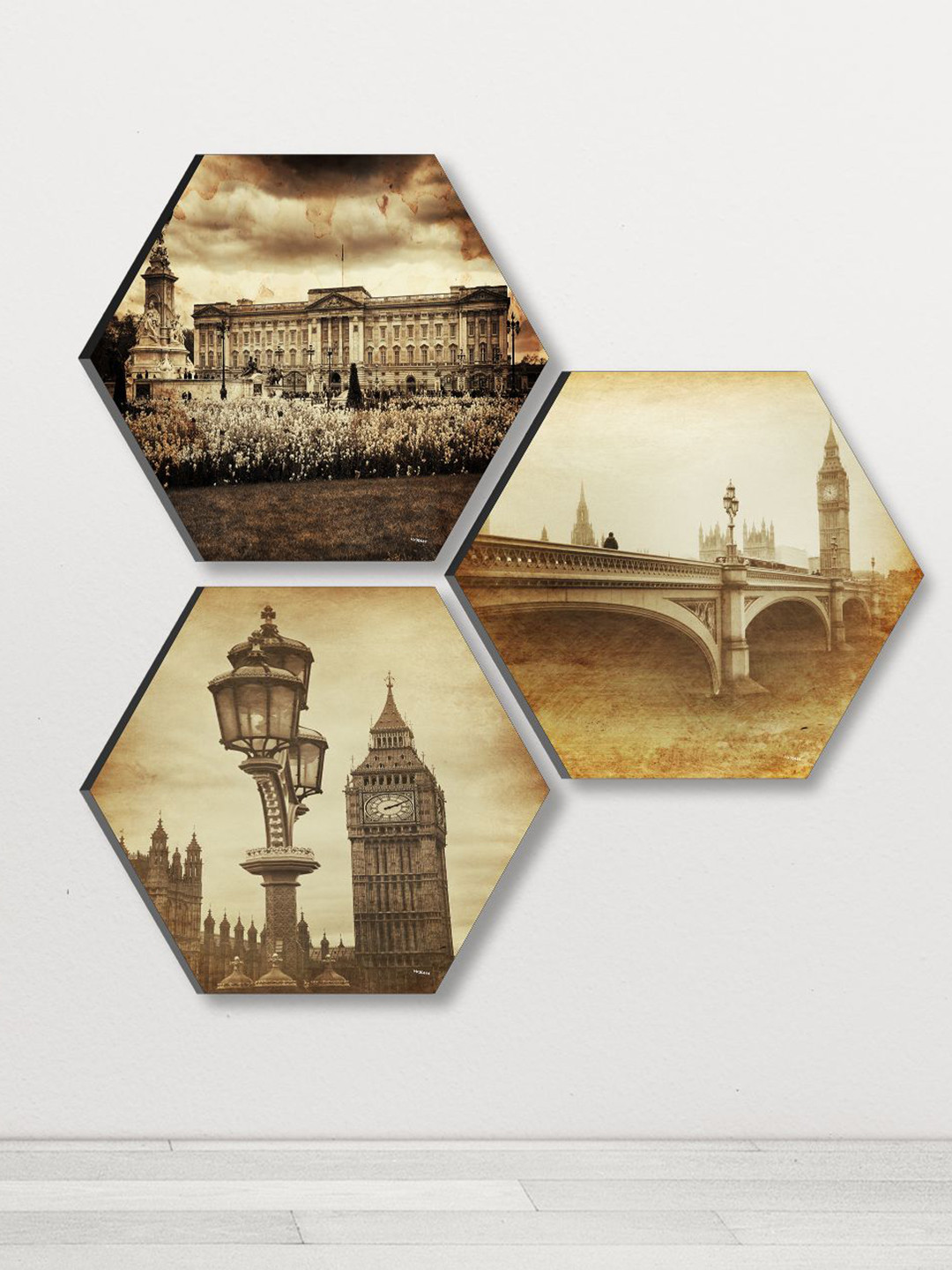 SAF Brown 3 Pieces Abstract Building UV Coating Wall Painting